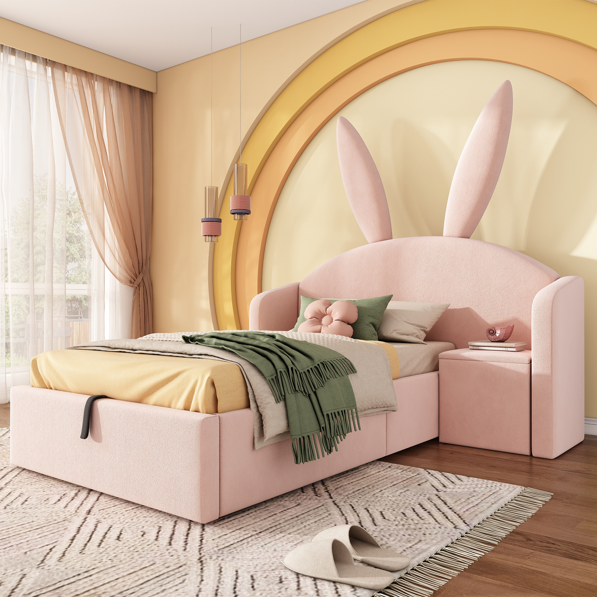 Children's Bed 90x190 Cm Pink Upholstered Bed With Storage Space & Bedside Table, Bunny Ears Design Velvet Youth Bed, Girl's Bed  Without Mattress