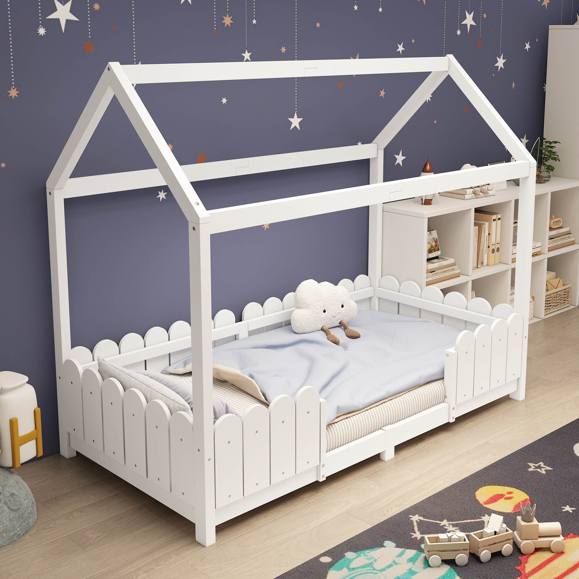Hausbett 90x200 Cm -Versatile Wooden Children S Bed For Boys  Girls  With Fall Protection And Bar Railing  White  Without Mattress