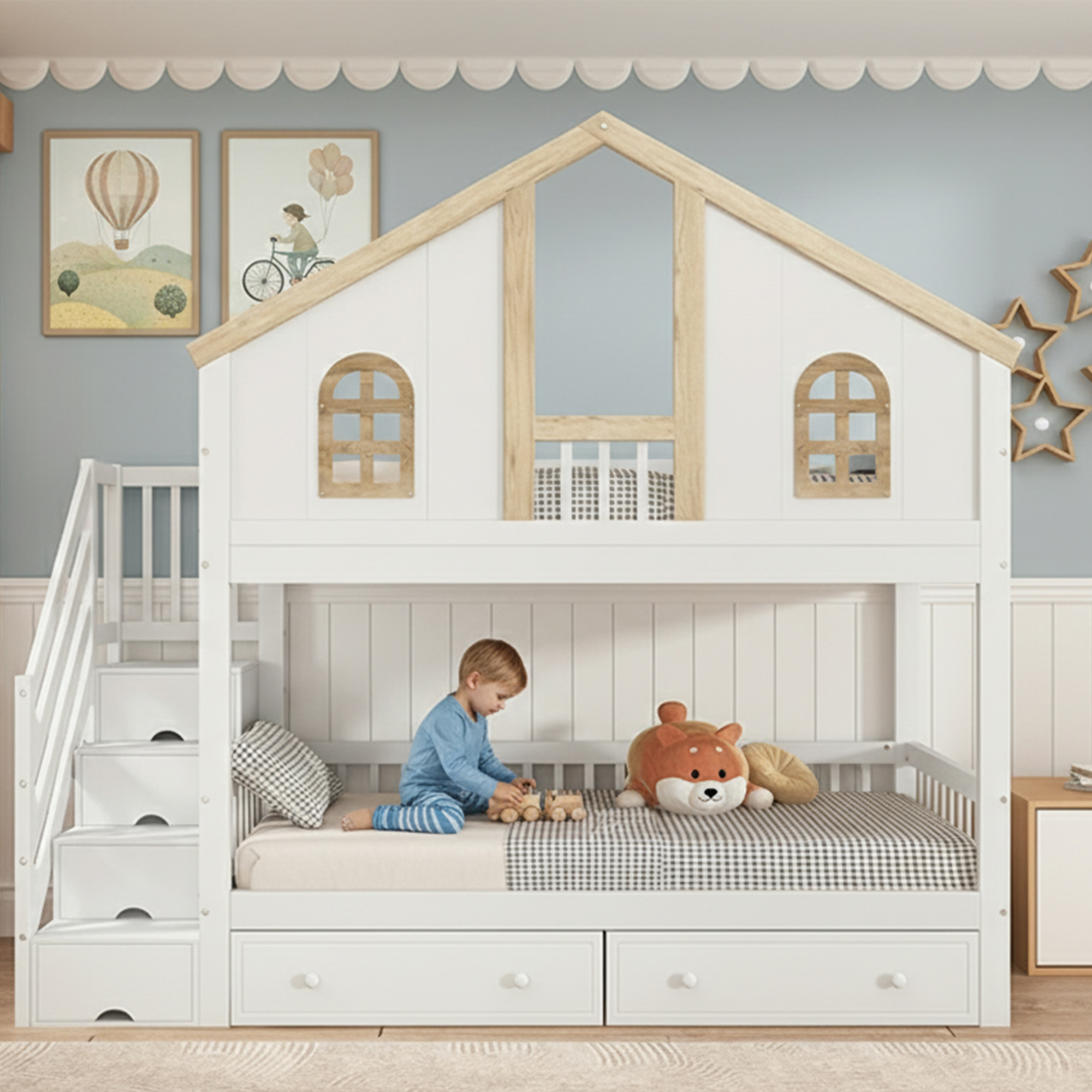 Bunk Bed, Children's Bed, With Contrasting Fall Protection Grille, With Window, Two Drawers With Wheels, Staircase With 4 Storage Compartments, Pine MDF, White Natural, 90x200cm