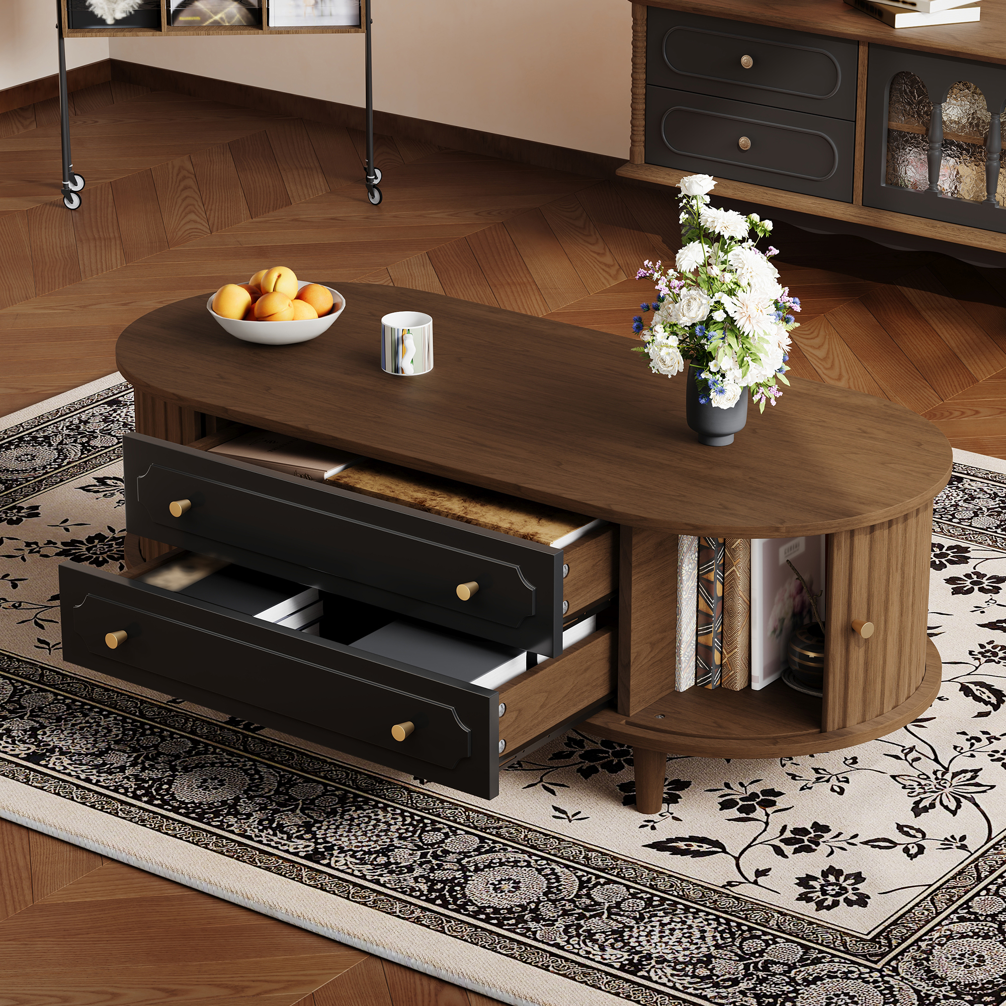 100 X 50 X 36 Cm,Living Room Coffee Table,,Walnut Wood Color.Coffee Table With Two Drawers,Sofa Table With Roll-Up Door, Side Table,Living Room Table 