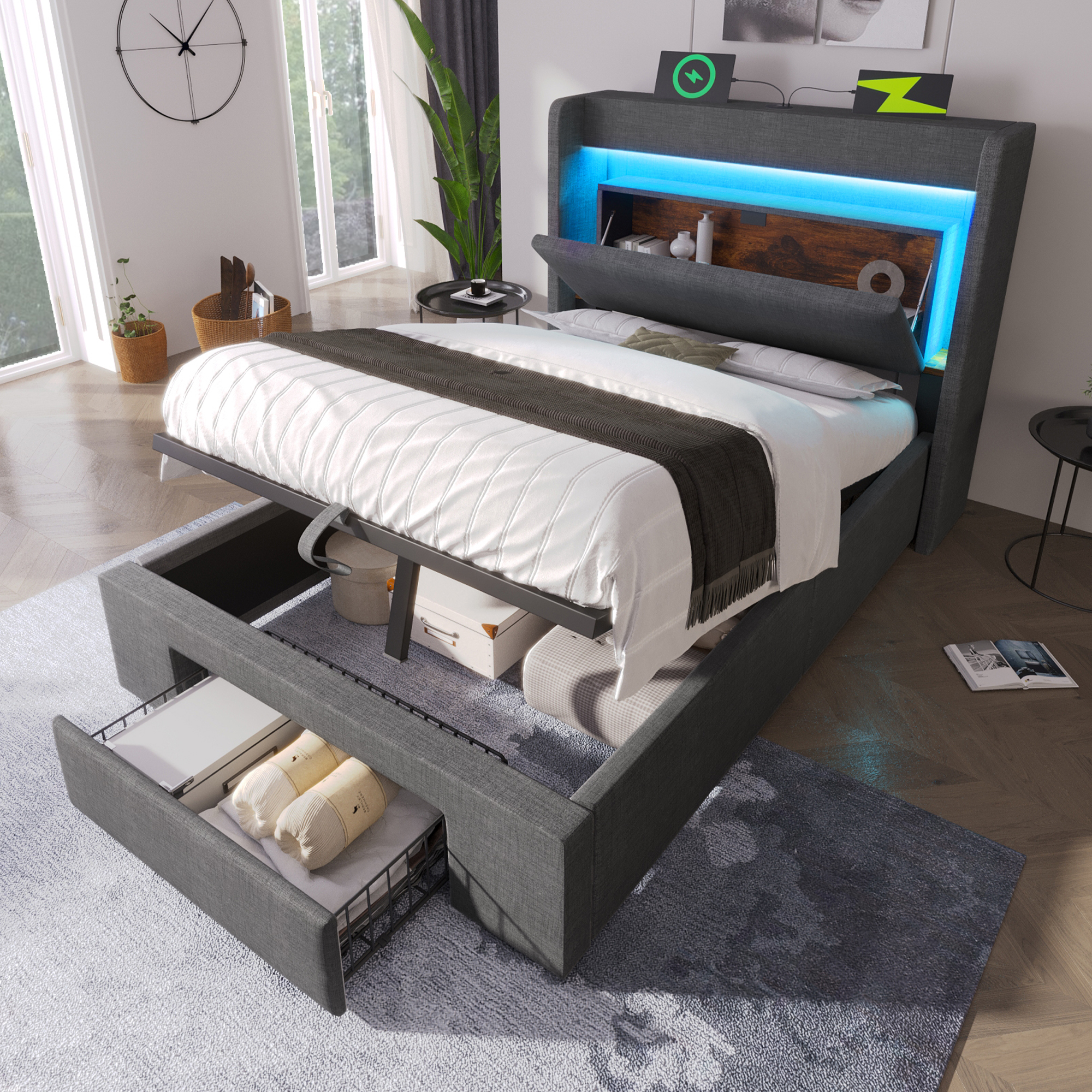 Upholstered Bed 90x200 Cm With Hydraulic Storage And Headboard With Storage Compartment, LED Lighting And USB & USB-C Connection, Wooden Slatted Bed Frame, Grey, Linen, Without Mattress