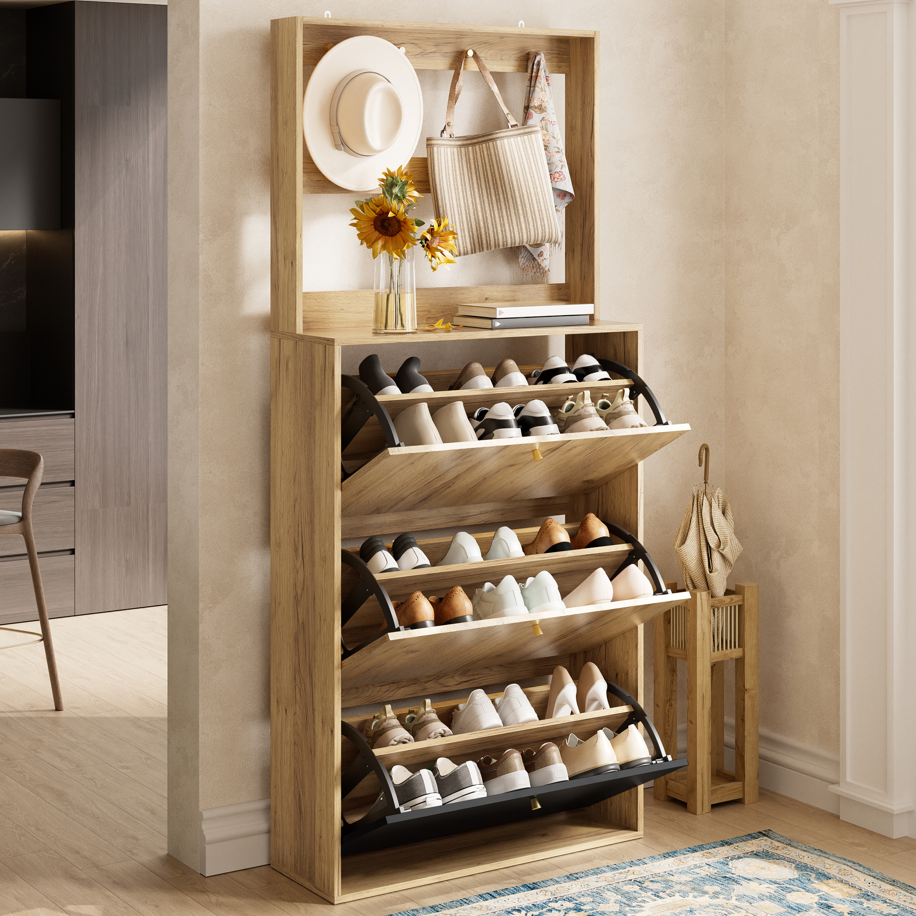 Modern Shoe Cabinet With Hooks, 3 Fold-down Storage Compartments, Suitable For The Hallway, Natural Wood Look  Black, Dimensions W75 H180 D24 Cm