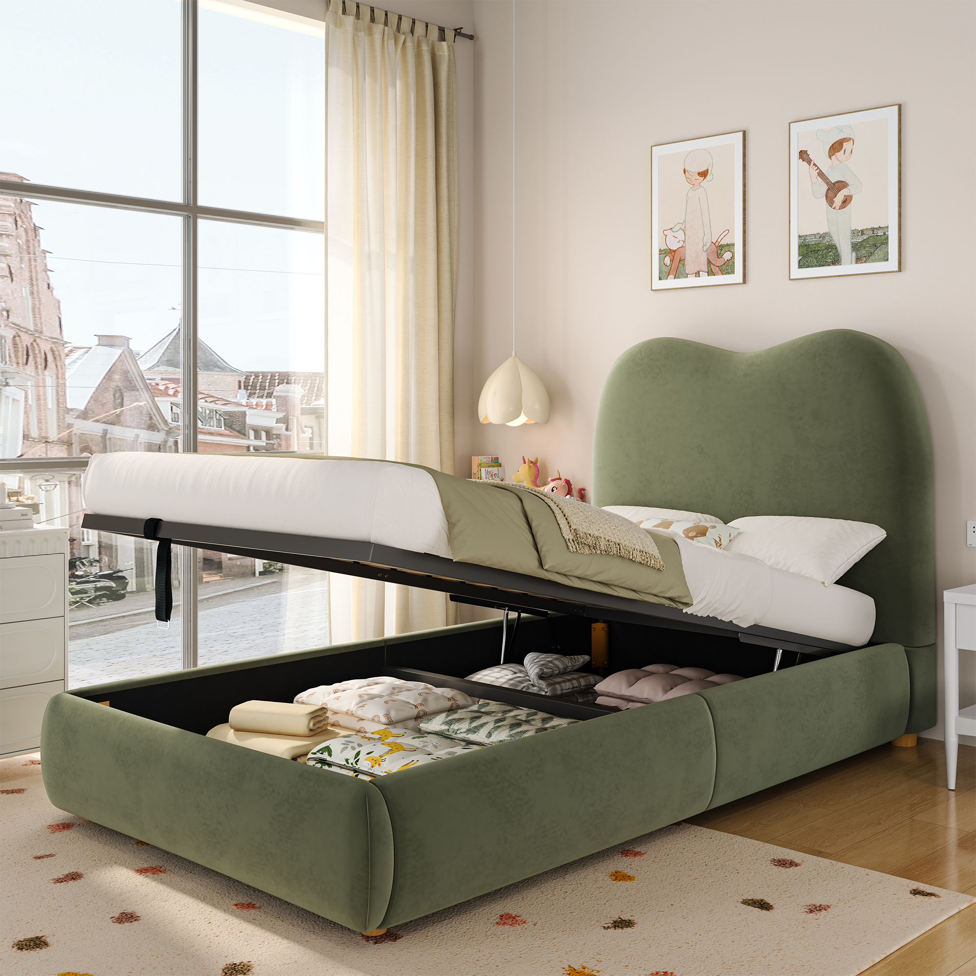 Upholstered Bed, Single Bed, Children's Bed 90 X 200cm, Hydraulic Functional Bed, Bed With Slatted Frame, Headboard And Large Storage Space, Upholstered Headboard, Velvet, Green