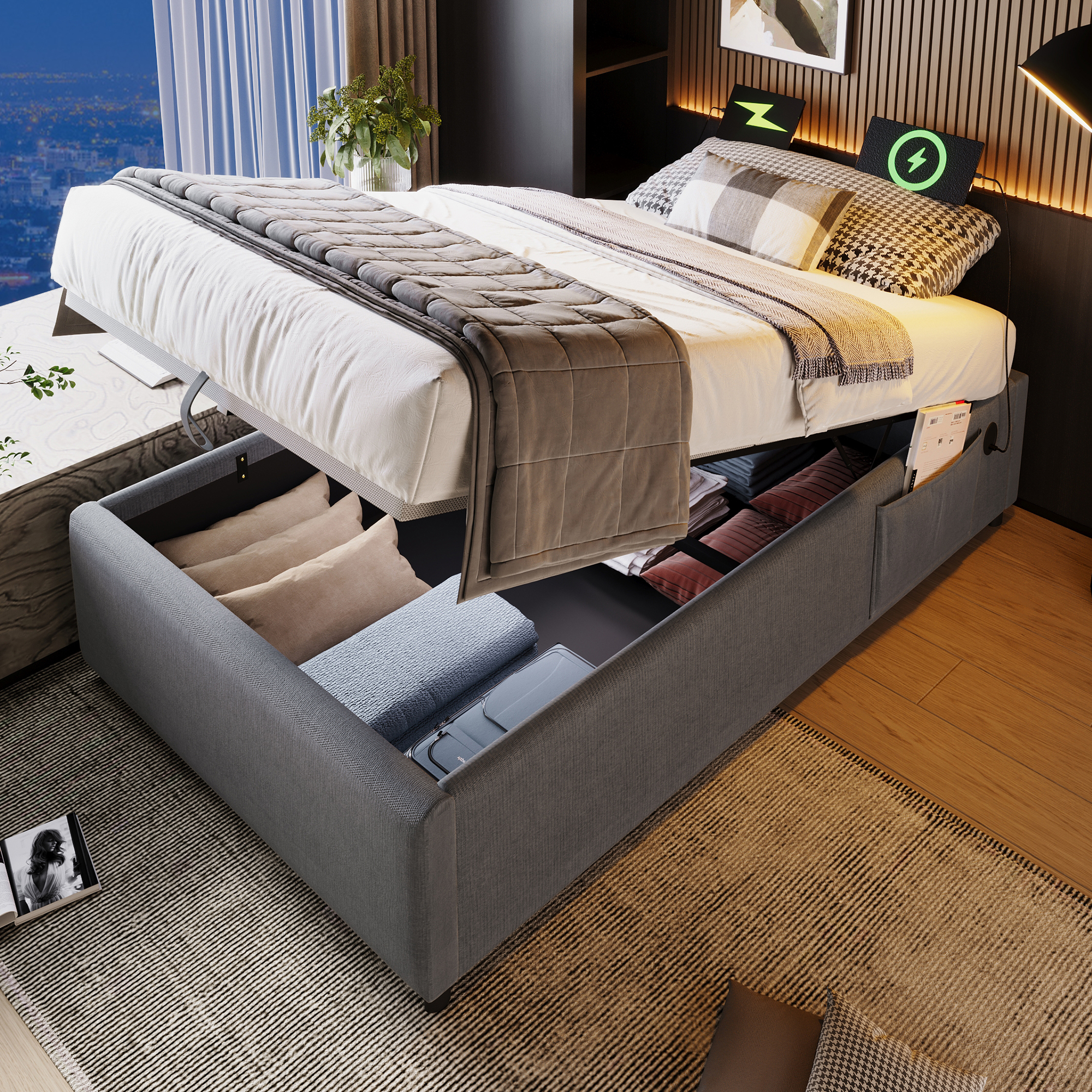 Upholstered Bed Single Bed 90x200 Cm, Structured Bed Frame With USB-C And Full Surface Slatted Frame, Without Headboard, Cotton, Grey 4
