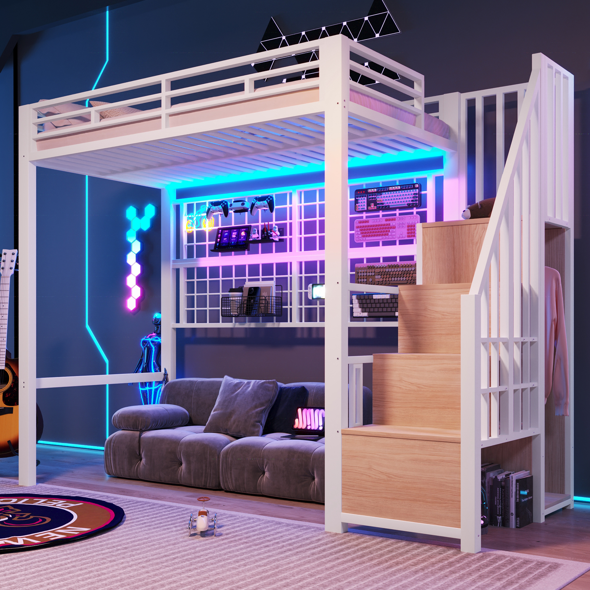 Loft Bed, 90 X 200cm, Iron Frame, Wardrobe, Storage Ladder, Grid For Hanging Objects, Open Space Under The Bed, 7-colour LED Lights, Without Mattress, White