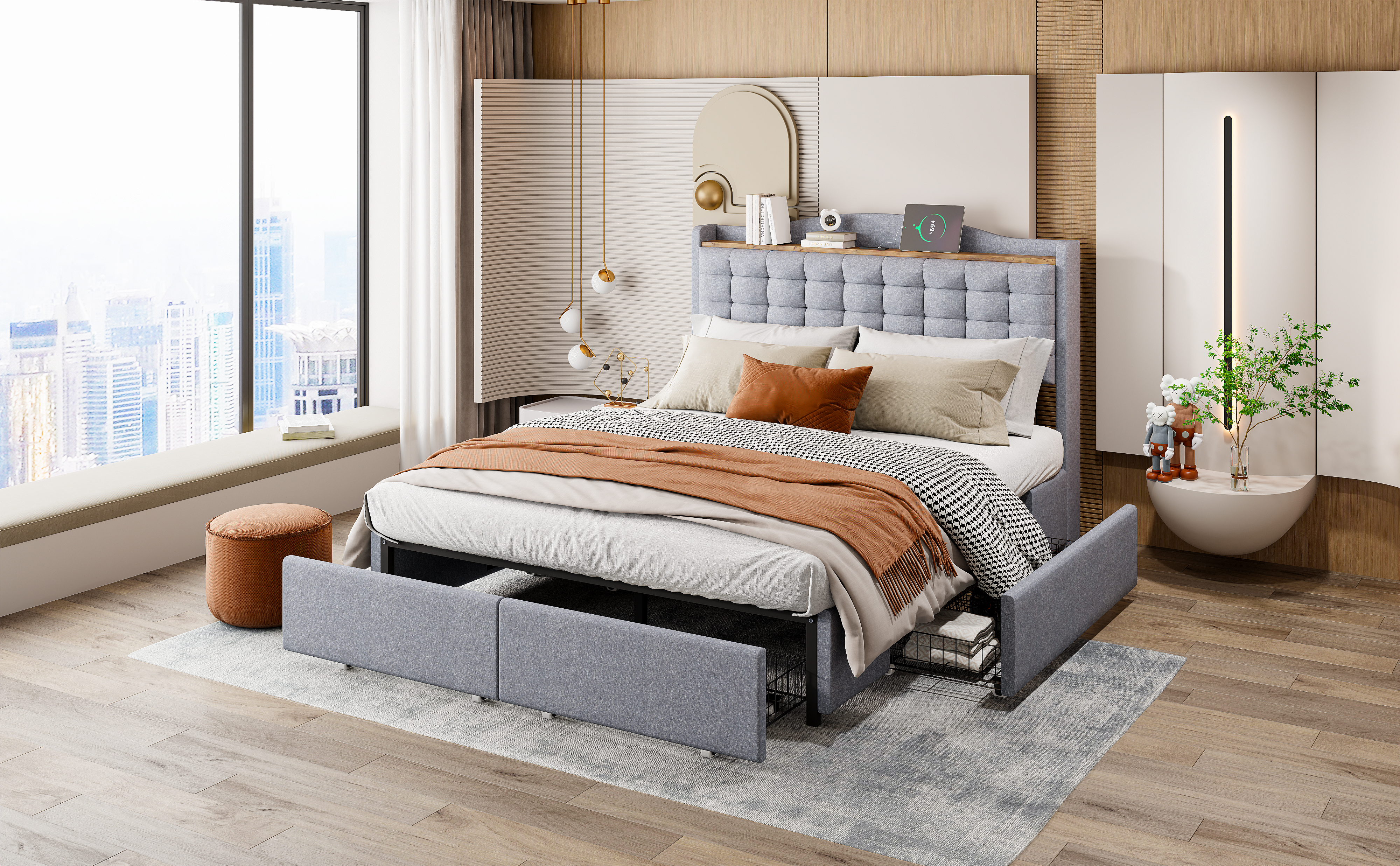 Upholstered Bed 140x200 Cm, Bedside Table With USB Charging Port And Shelf, Double Flat Bed With 4 Drawers, Linen Fabric Grey 2