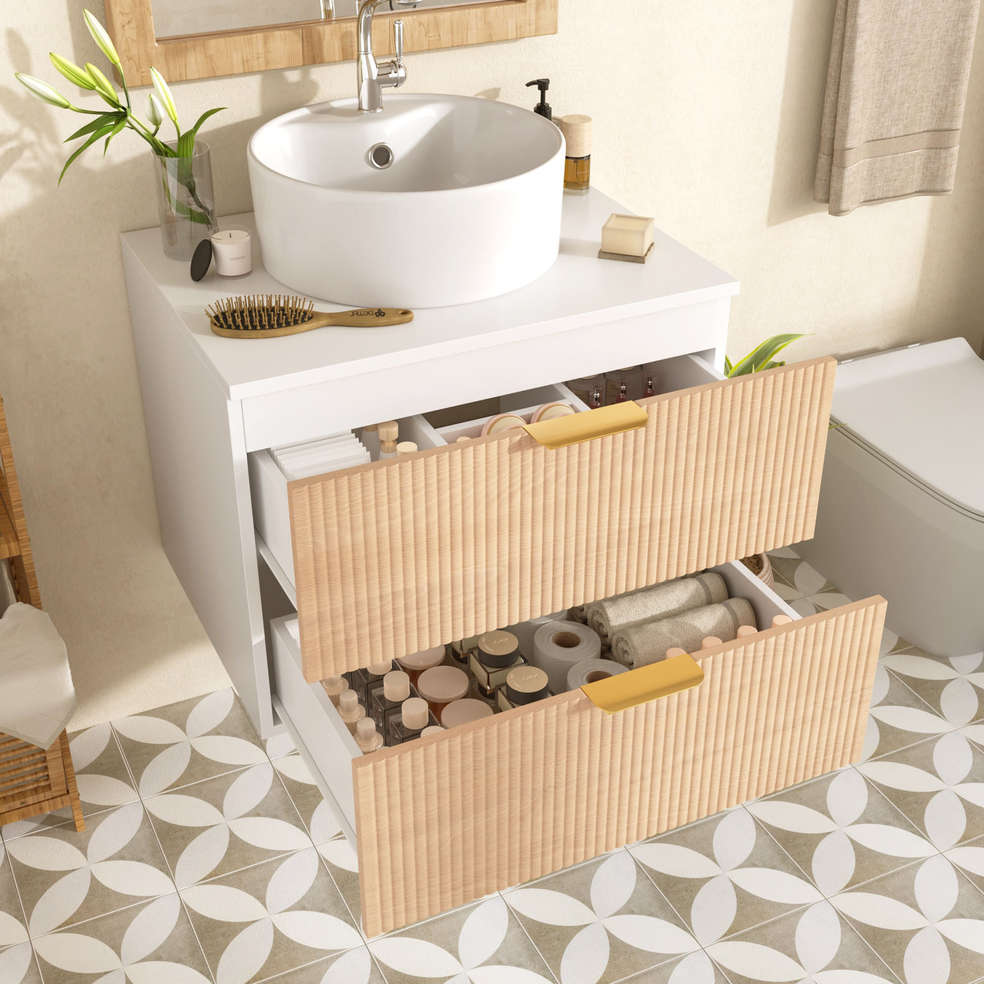 60 Cm Wall-mounted Bathroom Cabinet With Round Ceramic Washbasin, Drawer Fronts In Wood Look With Simple Stripe Design, High-quality MDF Board, Large 