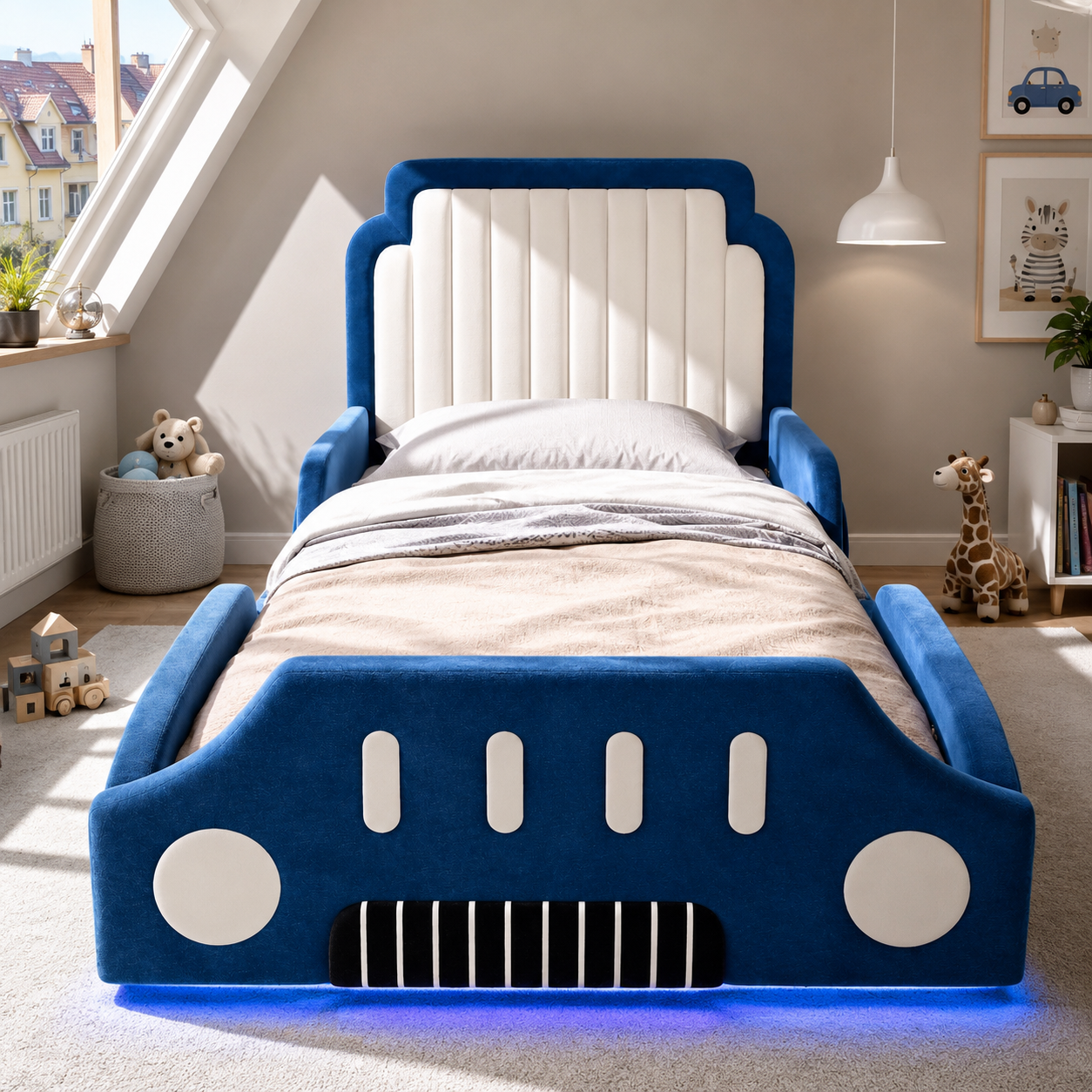 Children's Bed 90 X 200cm, Upholstered Bed, Single Bed, Car-shaped Design, With Protective Railing, With LED, Velvet, Blue 3