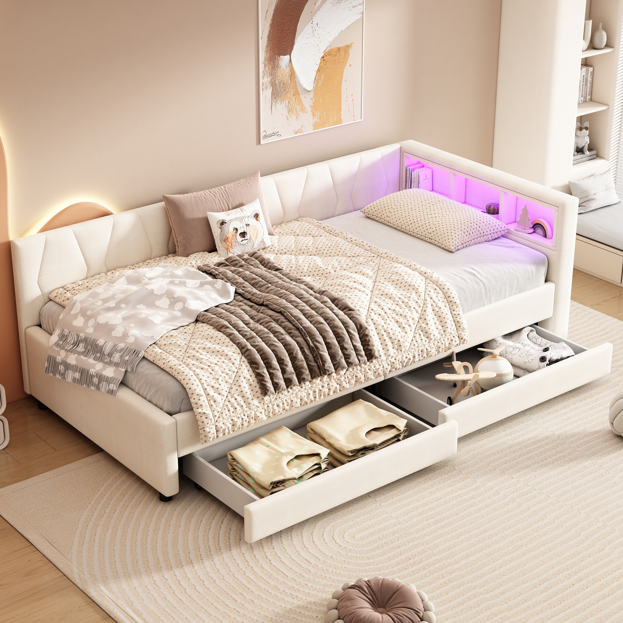 Daybed, 90x200cm, Daybed, Sofa Bed, Storage Compartment By The Bed, USB-Type C, LED Light Strip, Bed With Two Drawers, Bed With Slatted Base  Without Mattress , Linen, Beige