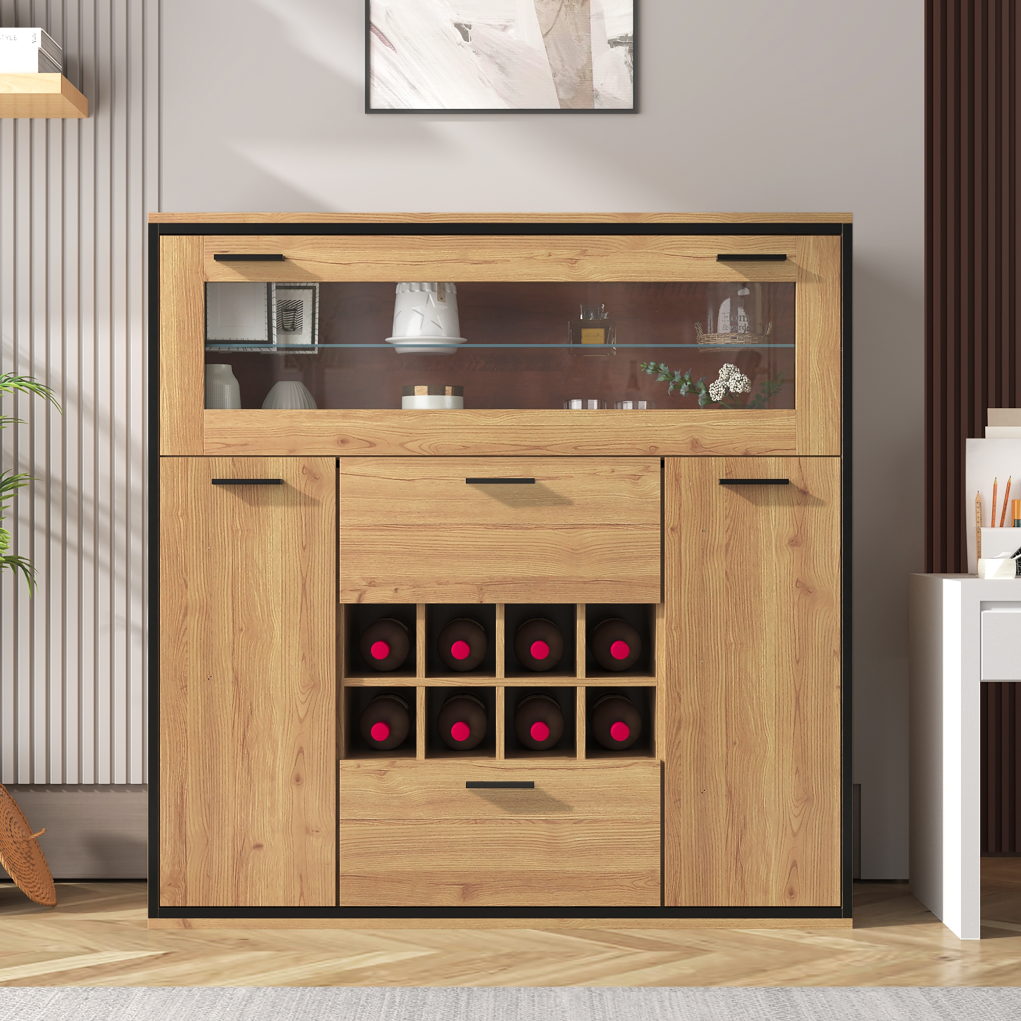 Sideboard, Elegant Wine Cabinet With Double Doors, Glass Shelf And Wine Holder - Perfect Storage In A Stylish Sideboard