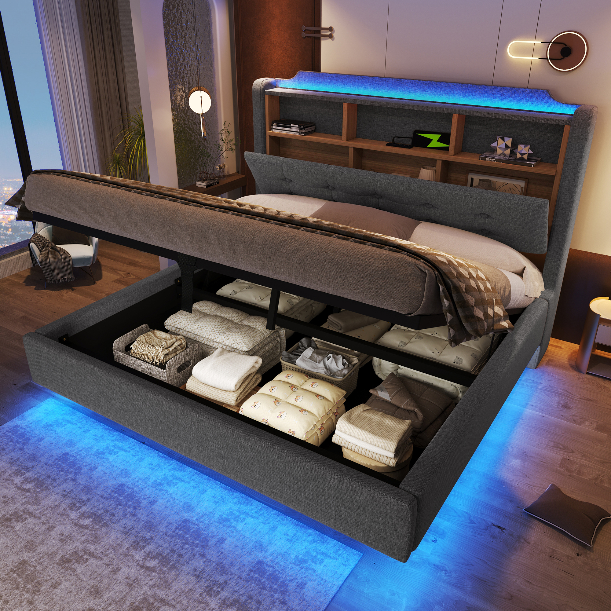 Upholstered Bed, 140 X200 Cm, With LED Light Strip, Hydraulic Storage, Storage Compartments, Floating Design, Mattress Not Included, USB And Type-C Ports, Linen Fabric, Grey