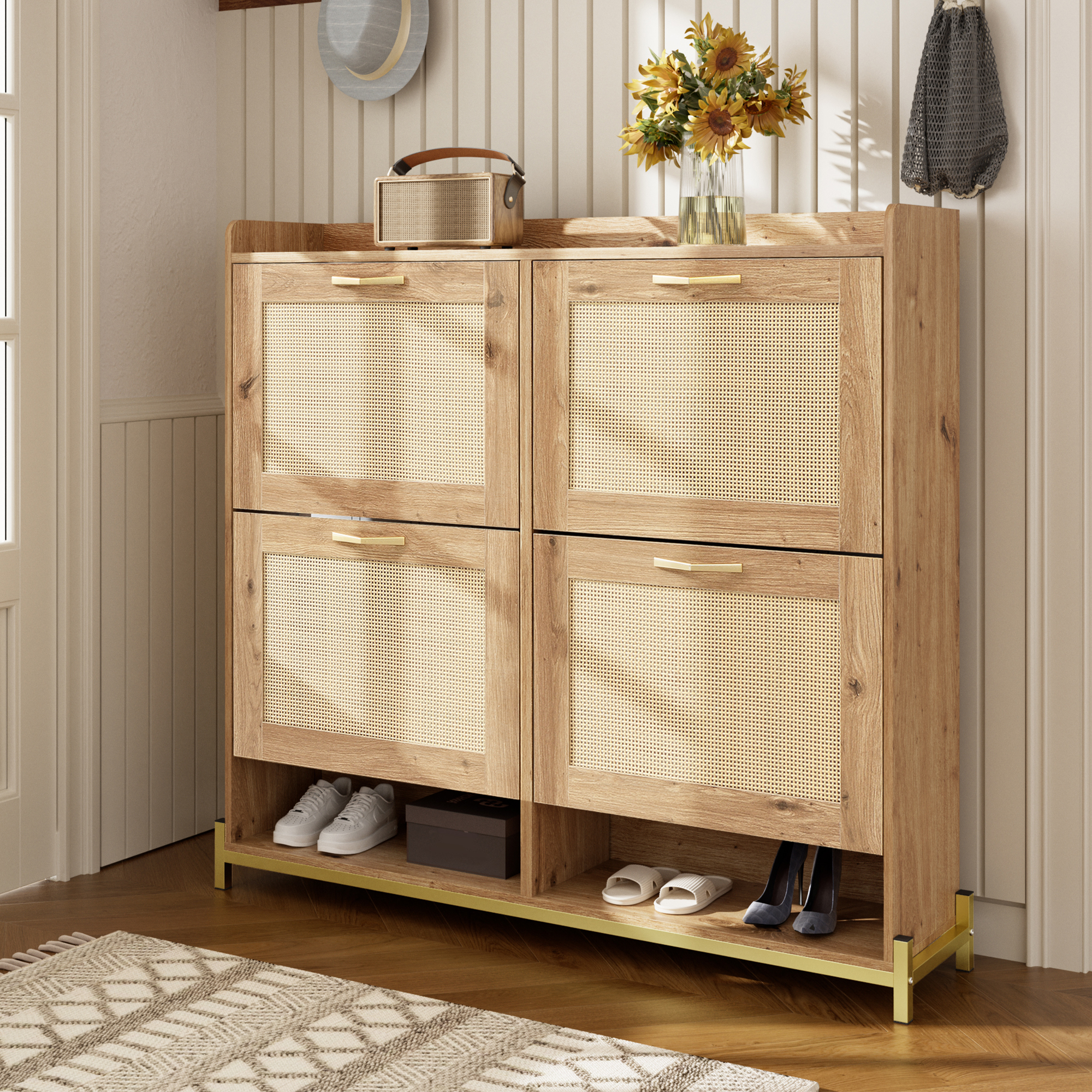 Elegant Wooden Shoe Cabinet With Rattan Doors  4 Doors, Metal Frame And Top Shelf For Stylish And Organized Storage.