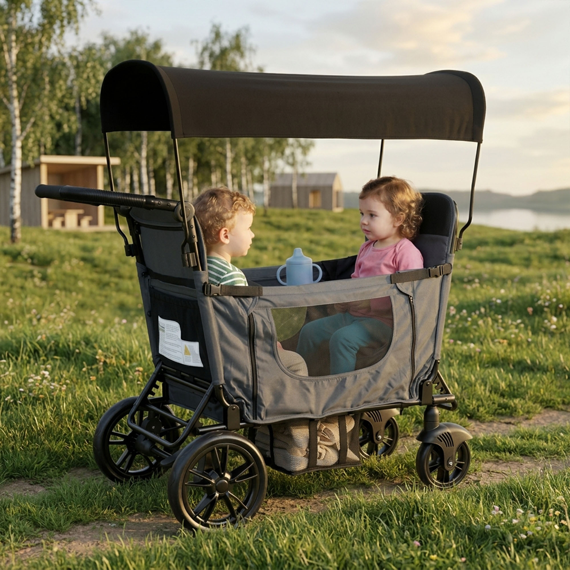 Handcart For Children To Sit, Handcart Foldable Stroller For 2 Children, Dark Grey, Seat Convertible To Bed, 8-way Handle Adjustment, Sun Canopy & Tray, 5-point Harness, PU Wheels With Brakes