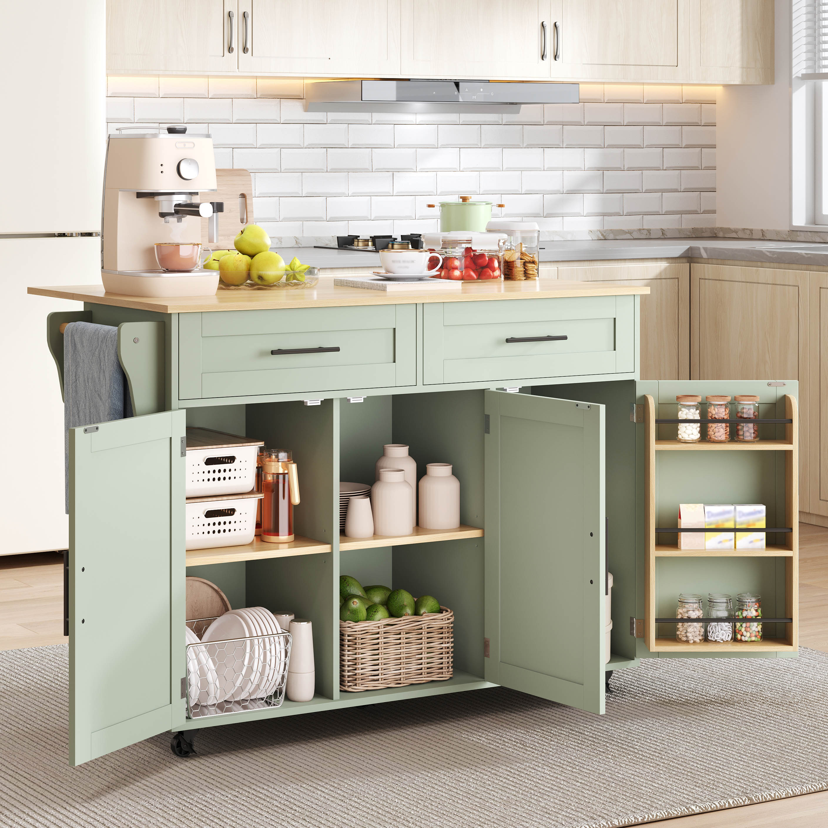 129x46 71x91,5cm Green Large Dining Cart, Sideboard, Worktop Made Of Solid Wood, Folding Worktop, Storage Door,  RollermSolid Wood Feet, Suitable For Home Use.