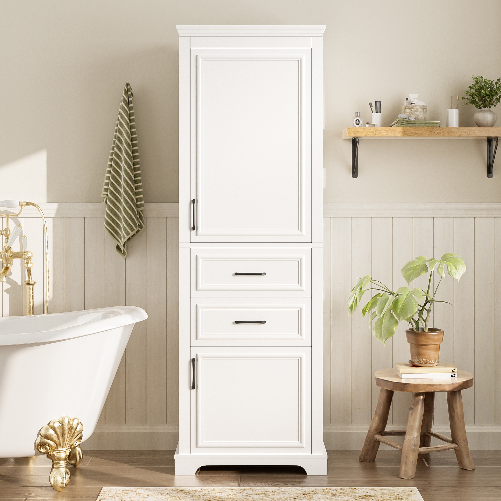 60x40x180cm Bathroom Tall Cabinet Made Of MDF, With Two Drawers, Two Cabinets, Four Storage Compartments, Adjustable Shelves, Soft-close Hinges, Black