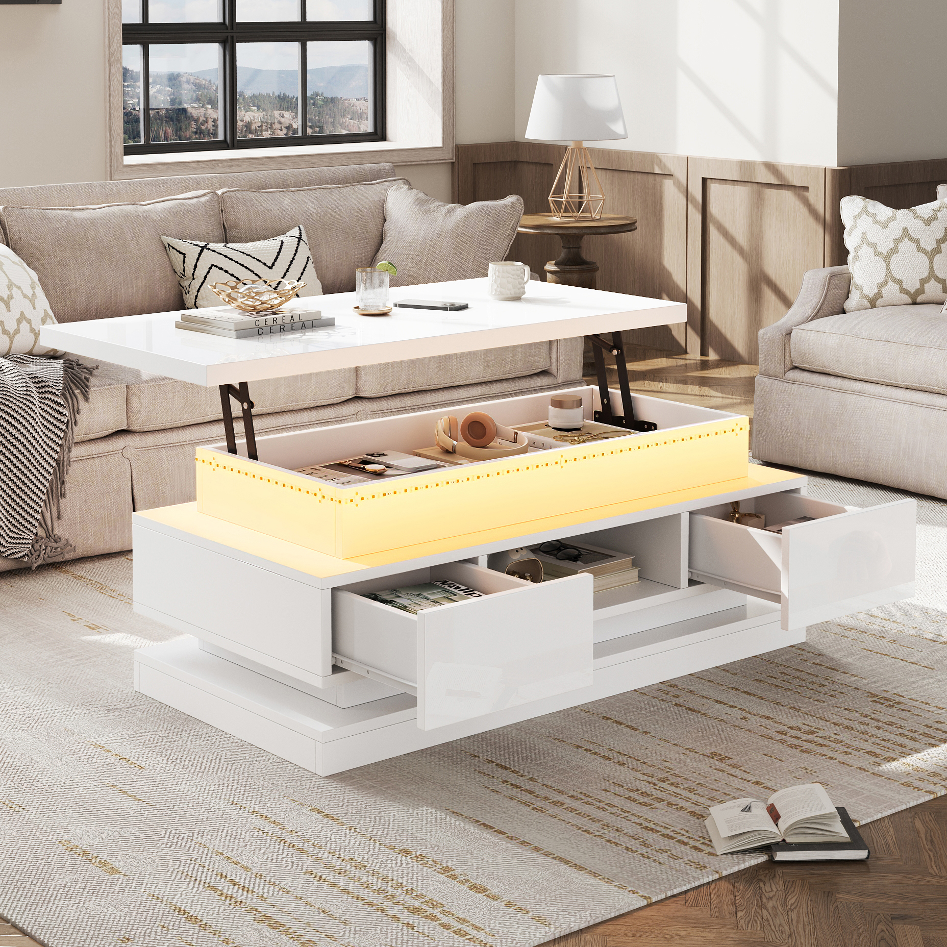 100x50x40cm Liftable Coffee Table With 2 Drawer, High Gloss Side Table With LED, Sofa Table, Coffee Table, Living Room Table With Hidden Storage, White, Particle Board