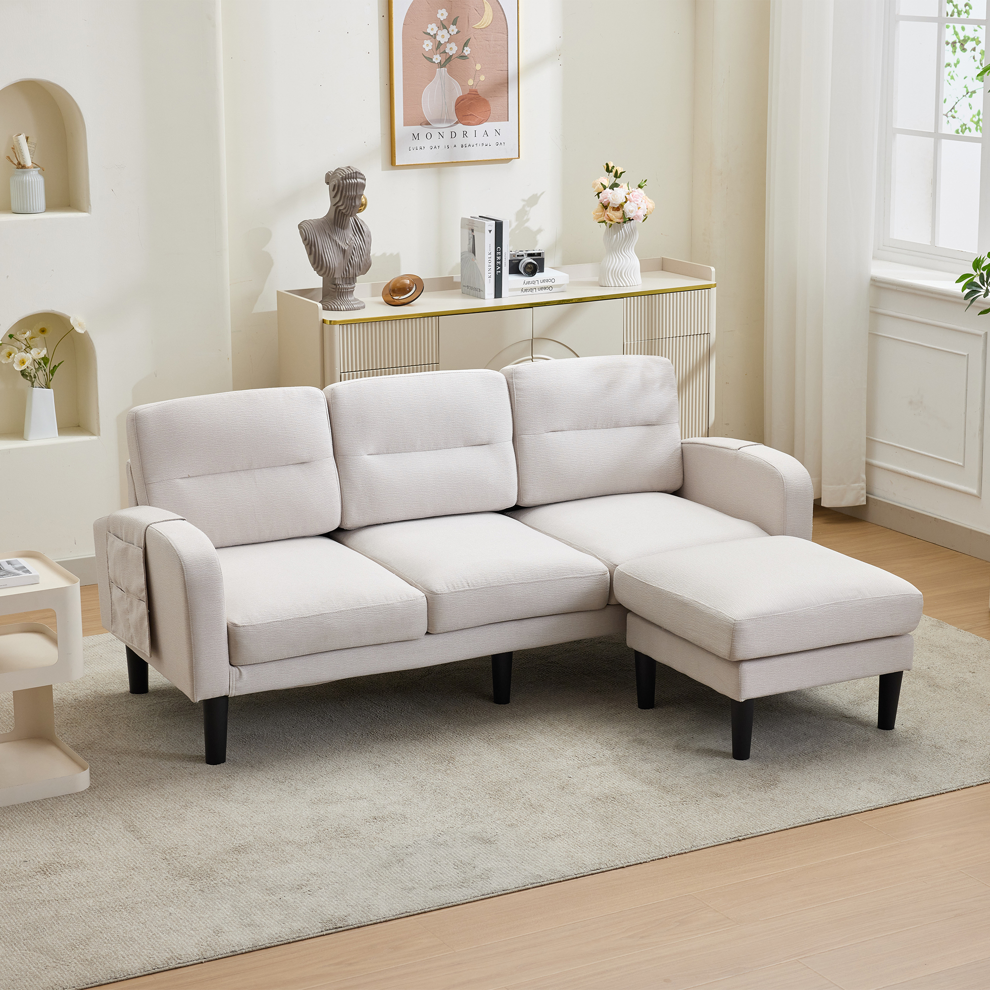 Corner Sofa L-Shape Sofa 3 Seater With Chaise Longue, Small Corner Sofa, There Is A Storage Bag On The Side, 10 Sofa Legs, Suitable For Living Room, 204x136x80cm, Beige