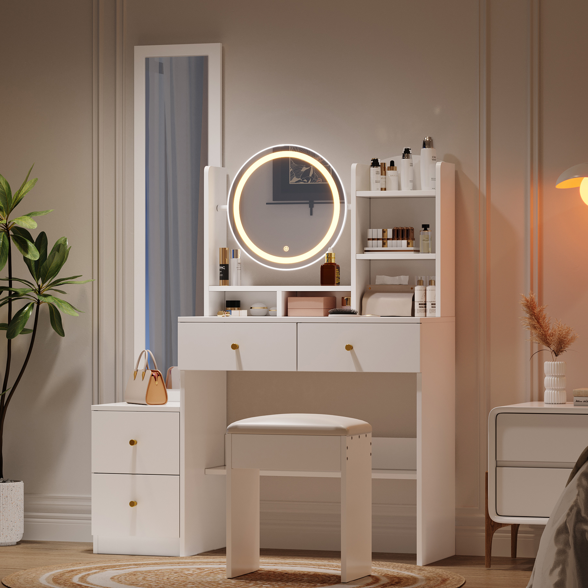 4-in-1 Vanity Table Makeup Table With Full-length Mirror And Rotating Table Mirror, Vanity Stool, 3-color LED Lighting, Metal Handle, White 5