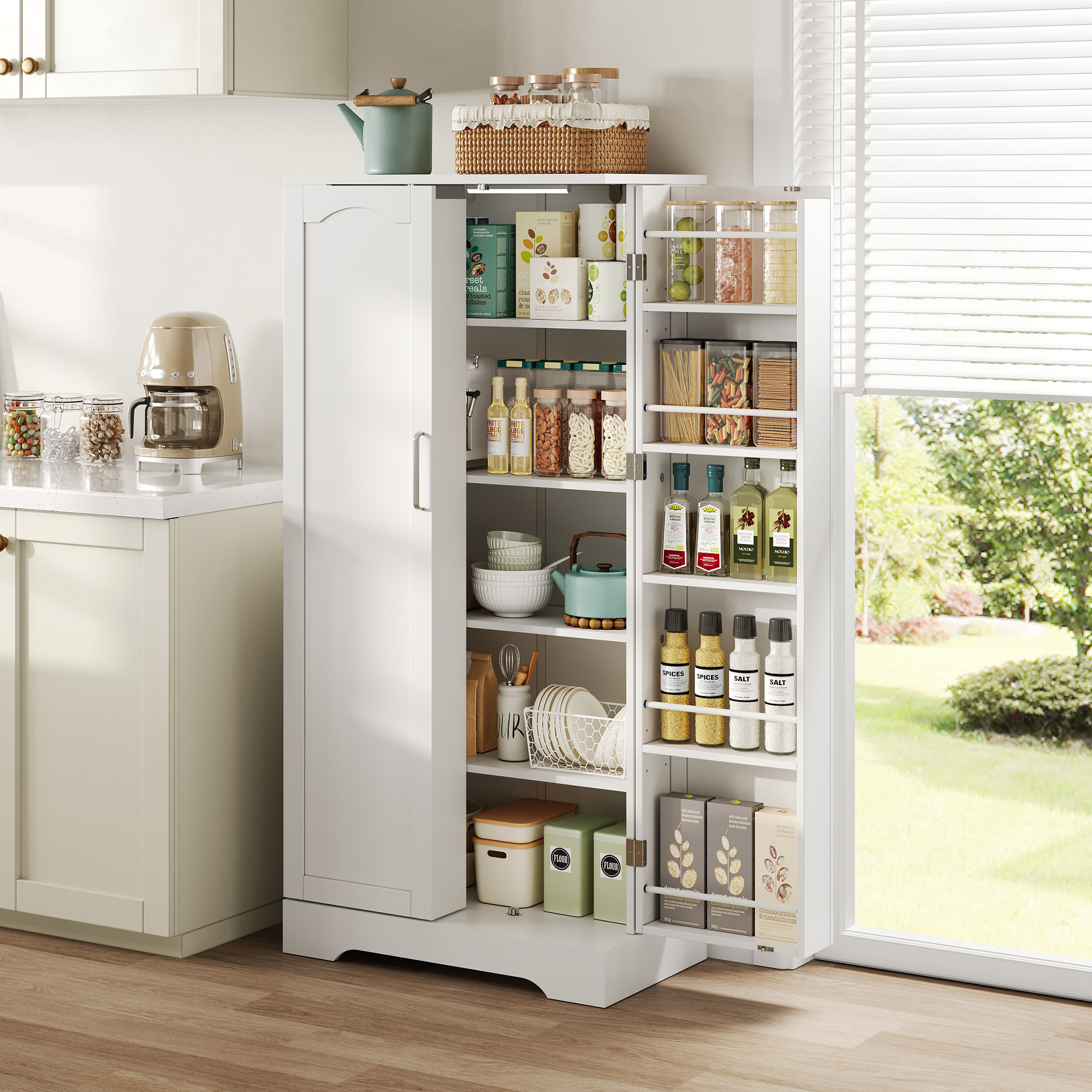 60x35x128cm, White, Multifunctional Kitchen Cabinet With LED Sensor Light, Height-adjustable Shelves, Double Door With Storage Compartment, Anti-tilt Device, Suitable For Kitchen, Living Room And Dini