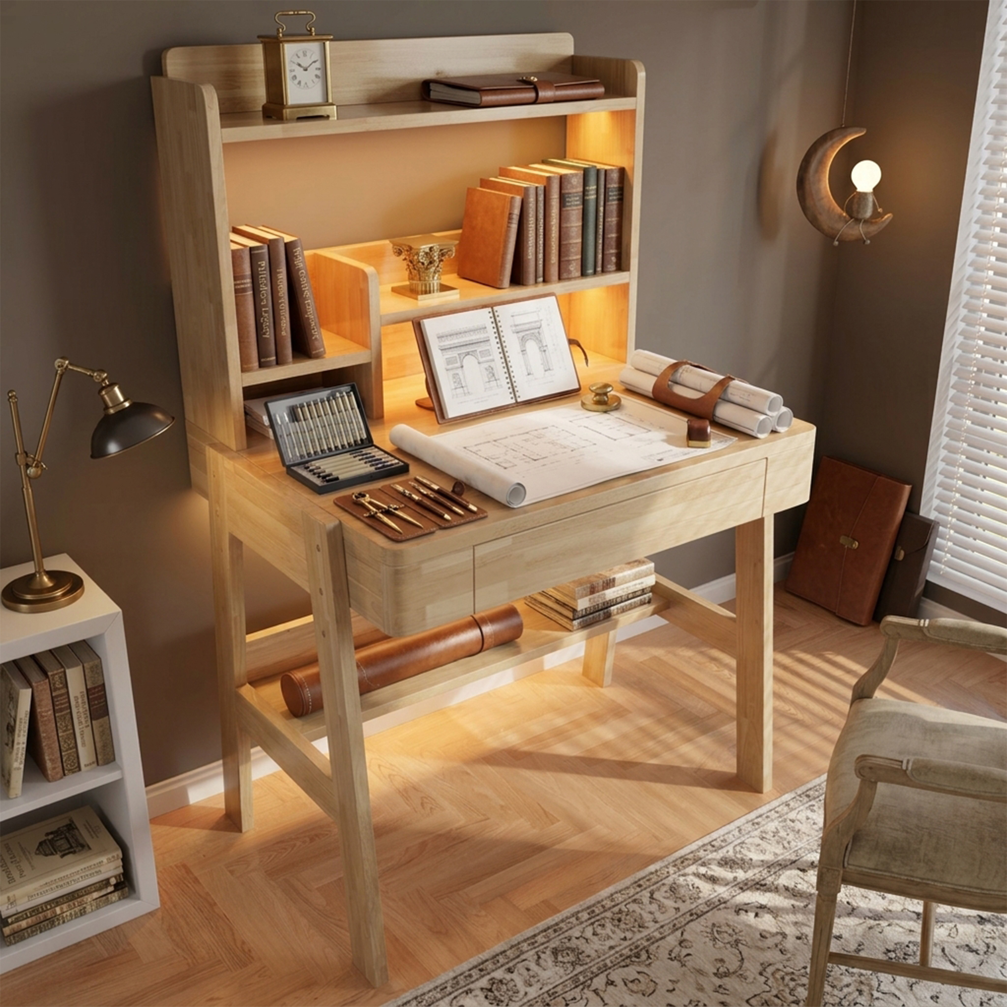 Children's Table, Height-adjustable Children's Desk Made Of Solid Wood, Natural Color, With LED Light Strip, USB Port, Drawer & Storage Space, Child-f