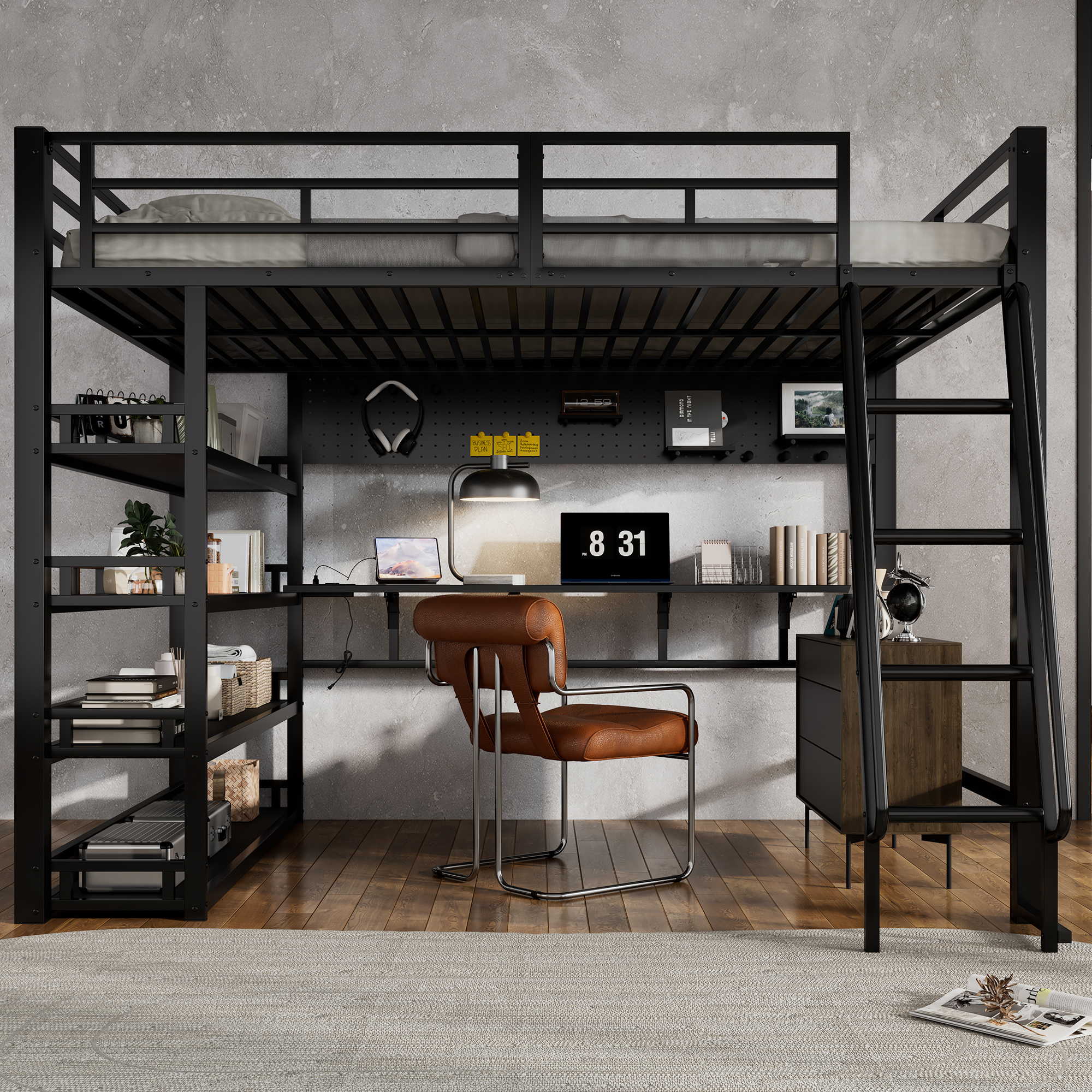 Iron Bed, Loft Bed, With Shelves And Plenty Of Storage Space, Equipped With Charging Port, Four-step Inclined Ladder, Can Hang Objects, Iron  Chipboard, Black, 140x200cm