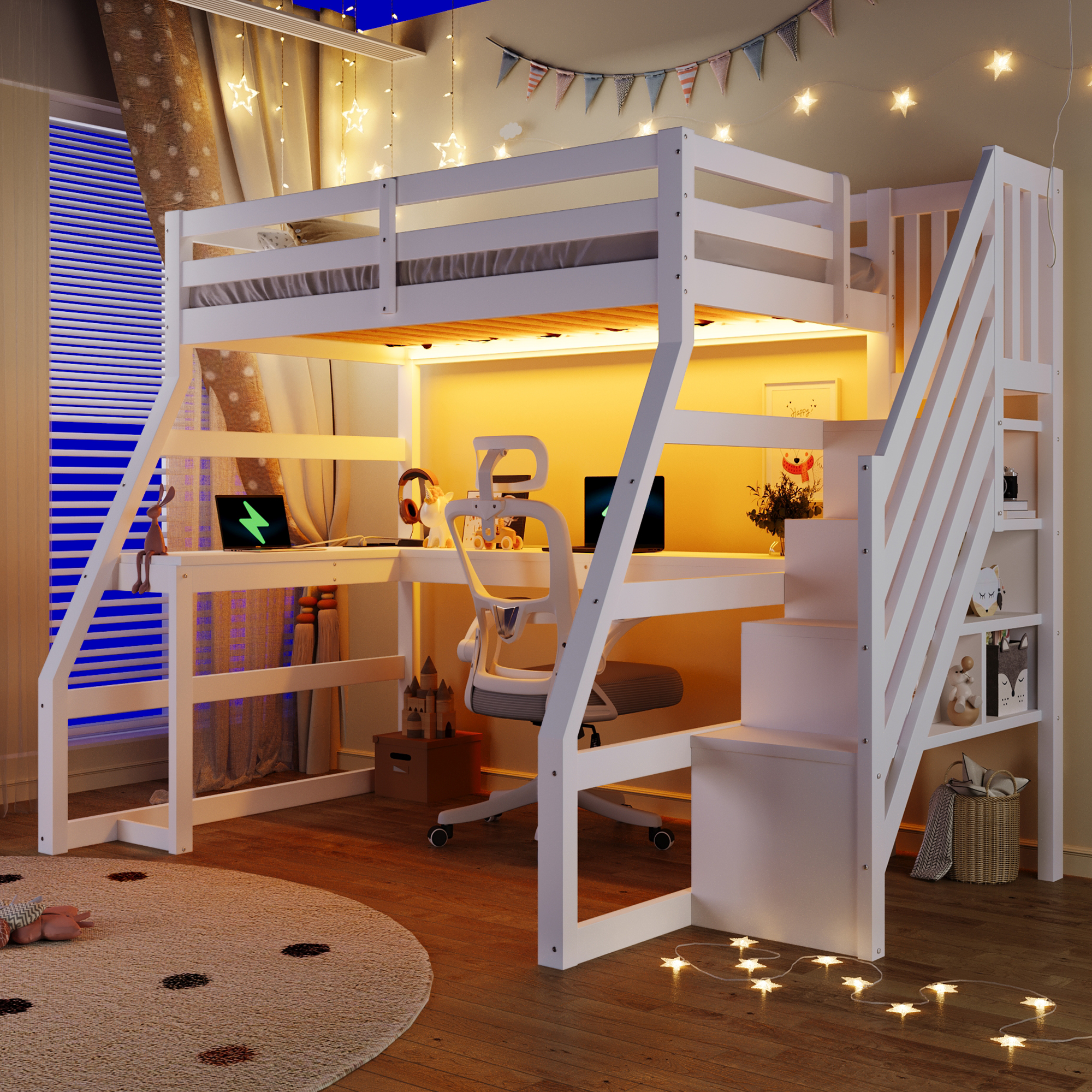 90x200 Wooden Loft Bed With Desk, LED Lighting, USB Port And Staircase With Storage, White