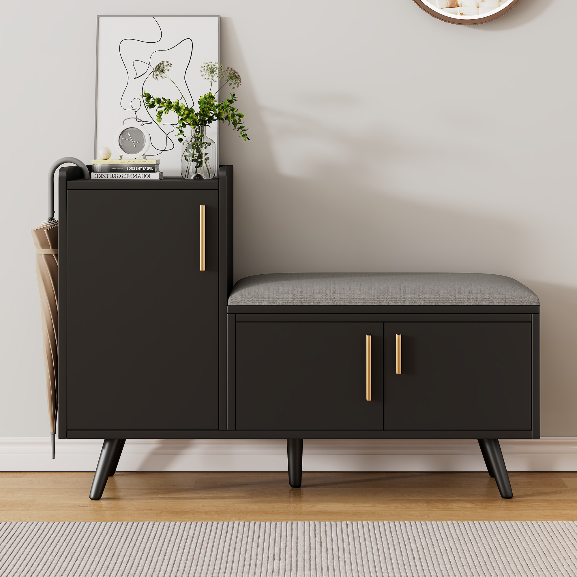 Coffre de banc à chaussures moderne avec trois portes de rangement, métal asymétrique