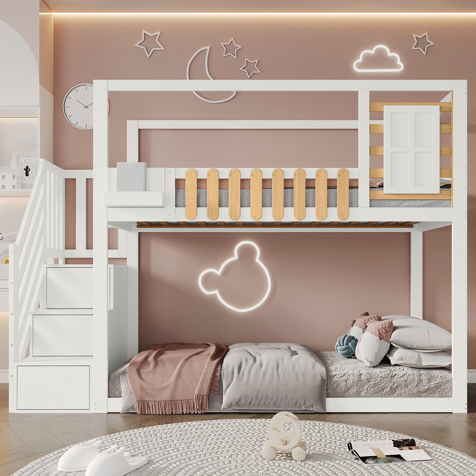 Bunk Bed With Stairs, Window And Shelf Box, Solid Pine Frame, Cot With 3 Lockers In The Stairs, With Fall Guard, White, 90x200cm