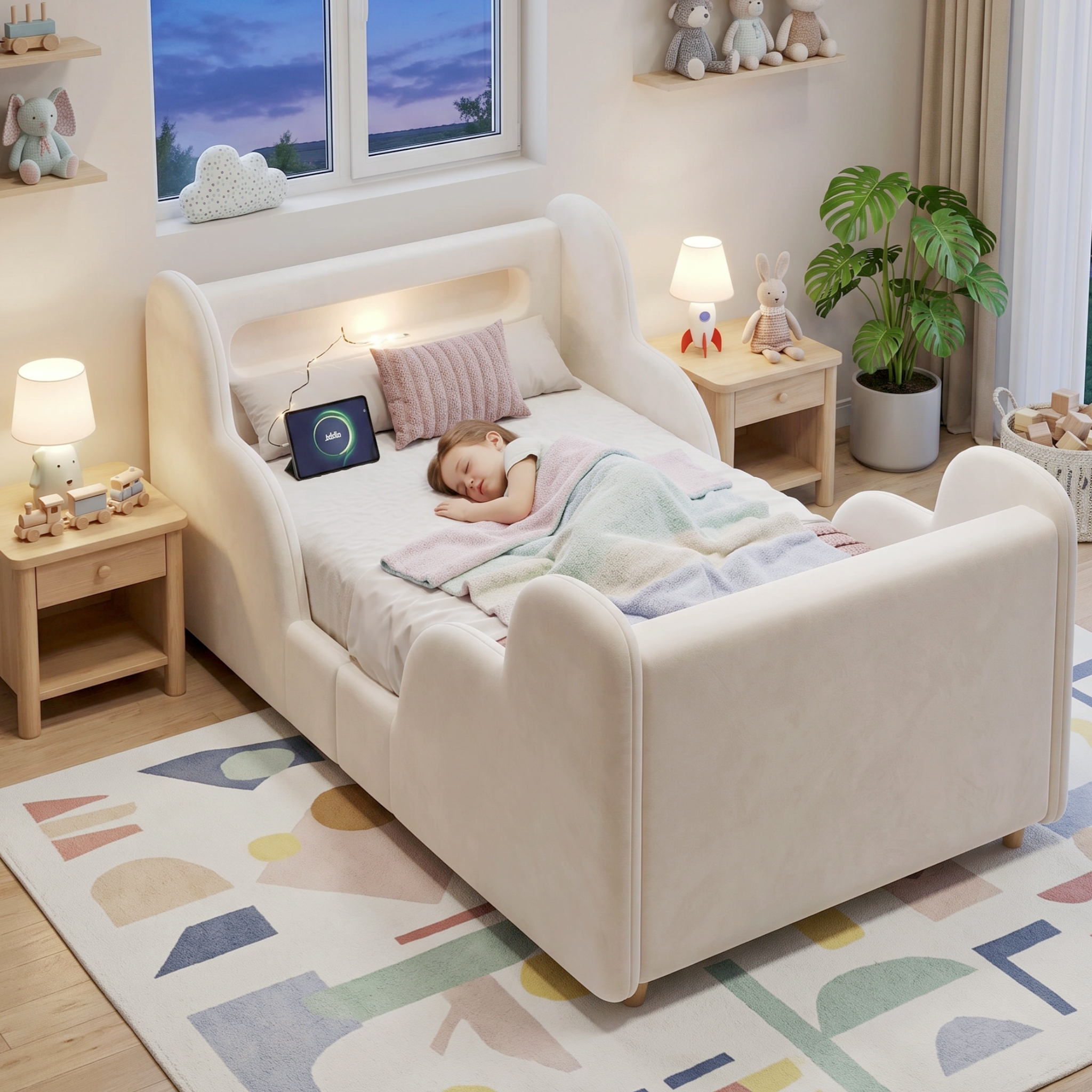 Children's Bed 90 X 200cm, Upholstered Bed, Single Bed, With Safety Railing, With Night Light And USB Charging Port And Storage Compartments, Bed Legs Made Of Solid Wood, Velvet, Beige