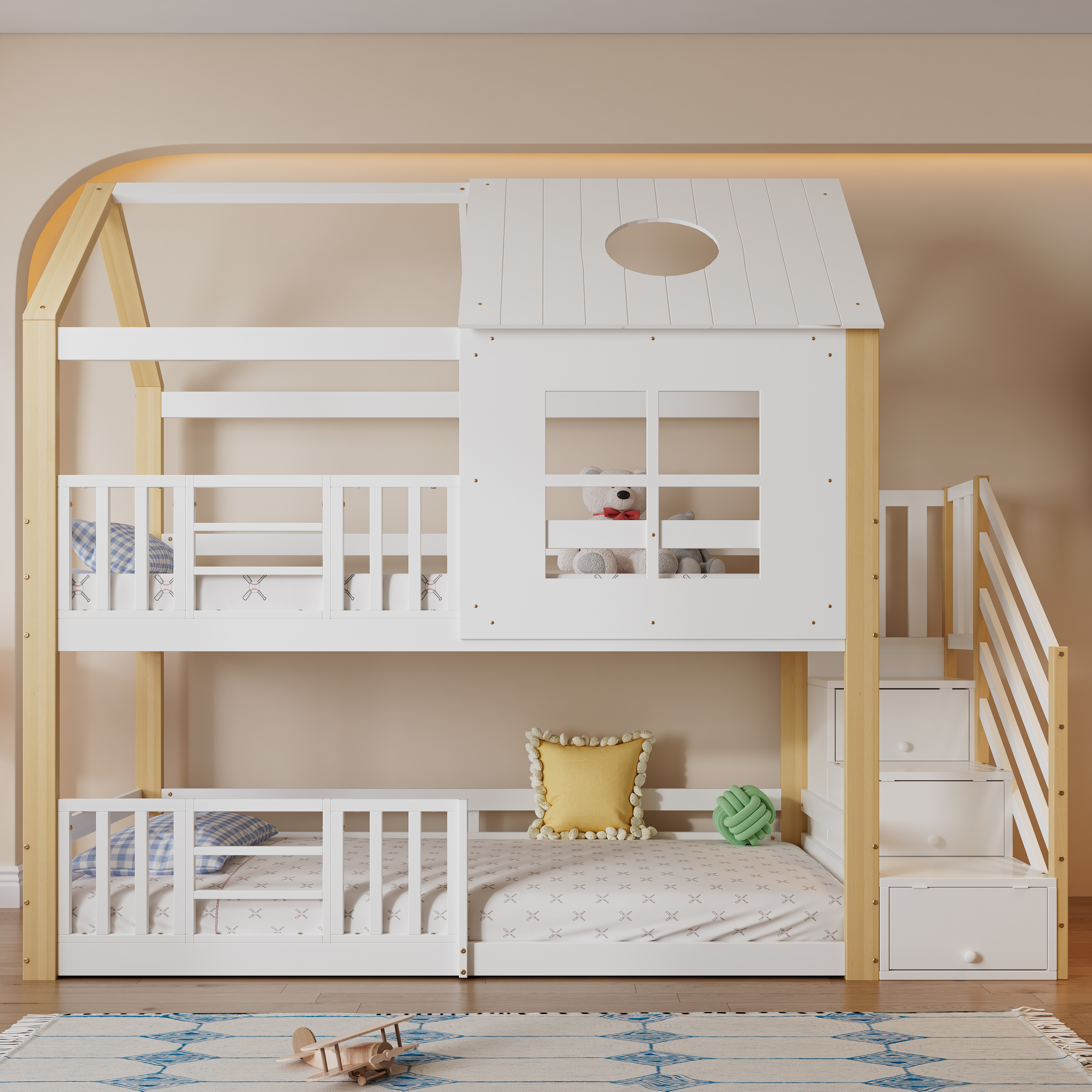 32455235WAA Bunk Bed With Storage Stairs, House Bed, Children's Bed, With Fall Protection Gate, With Window And Roof, Pine MDF, White Natural, 90x200cm