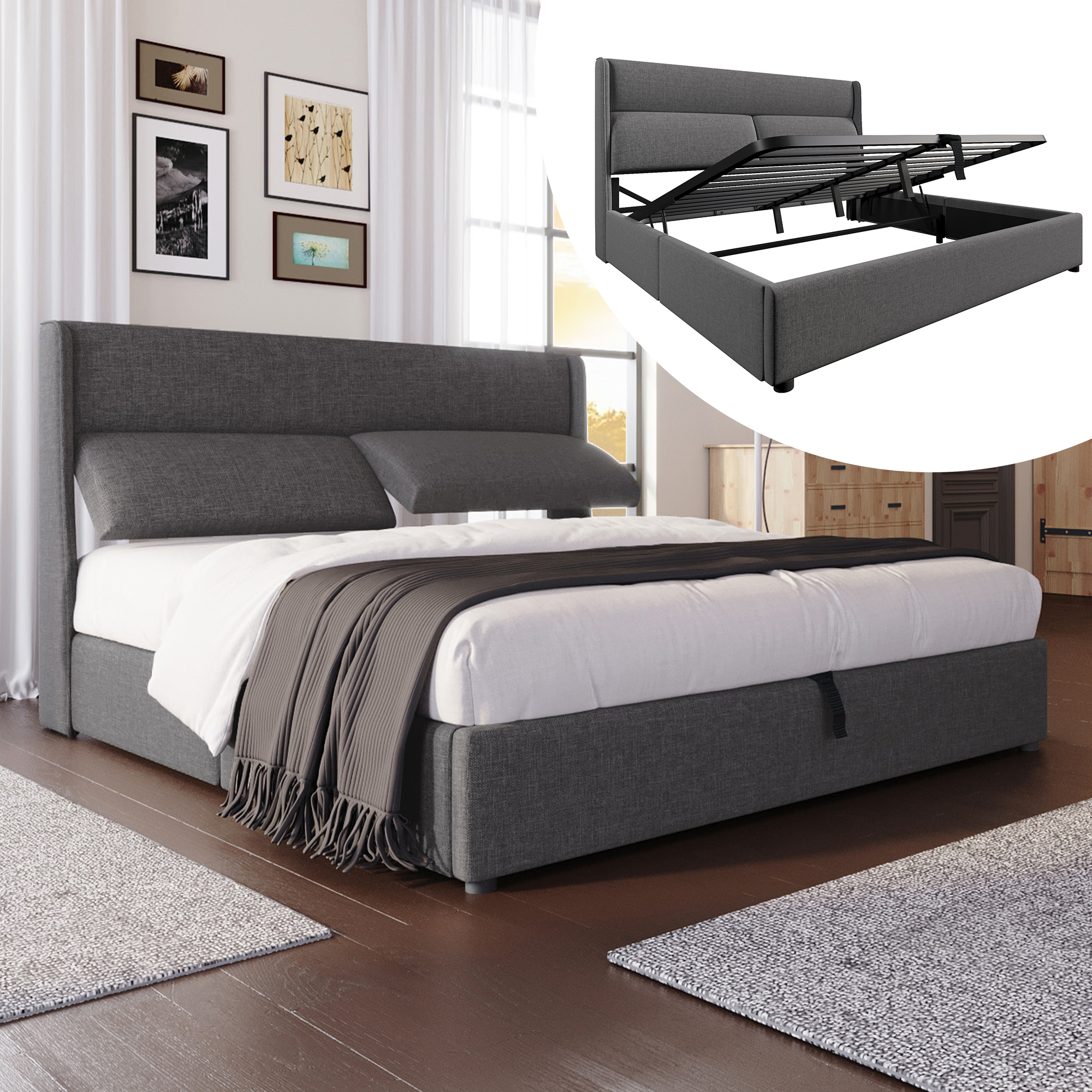 491213AAG Upholstered Bed Double Bed 160x200cm With Adjustable Headrests,Hydraulic Bed Frame With Storage Space, Linen Material Bed With Metal Slatted Base,Grey Without Mattress