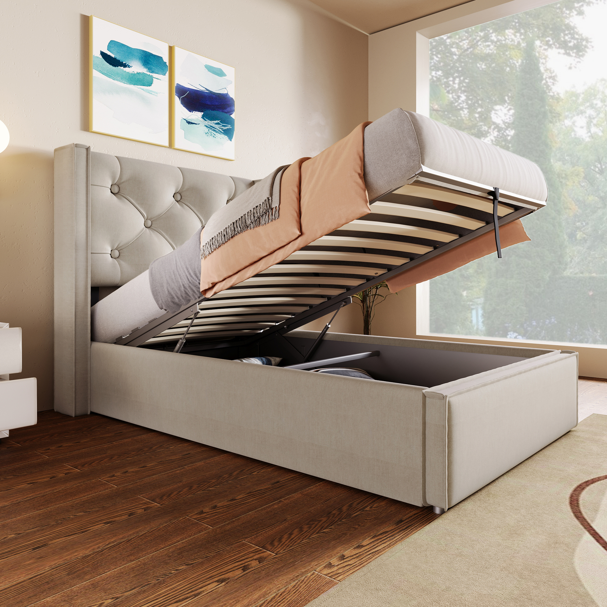 Hydraulic Single Bed Upholstered Bed 90x200cm,Bed With Metal Frame Slatted Frame, Modern Bed Frame With Storage Space, Cotton, Light Grey