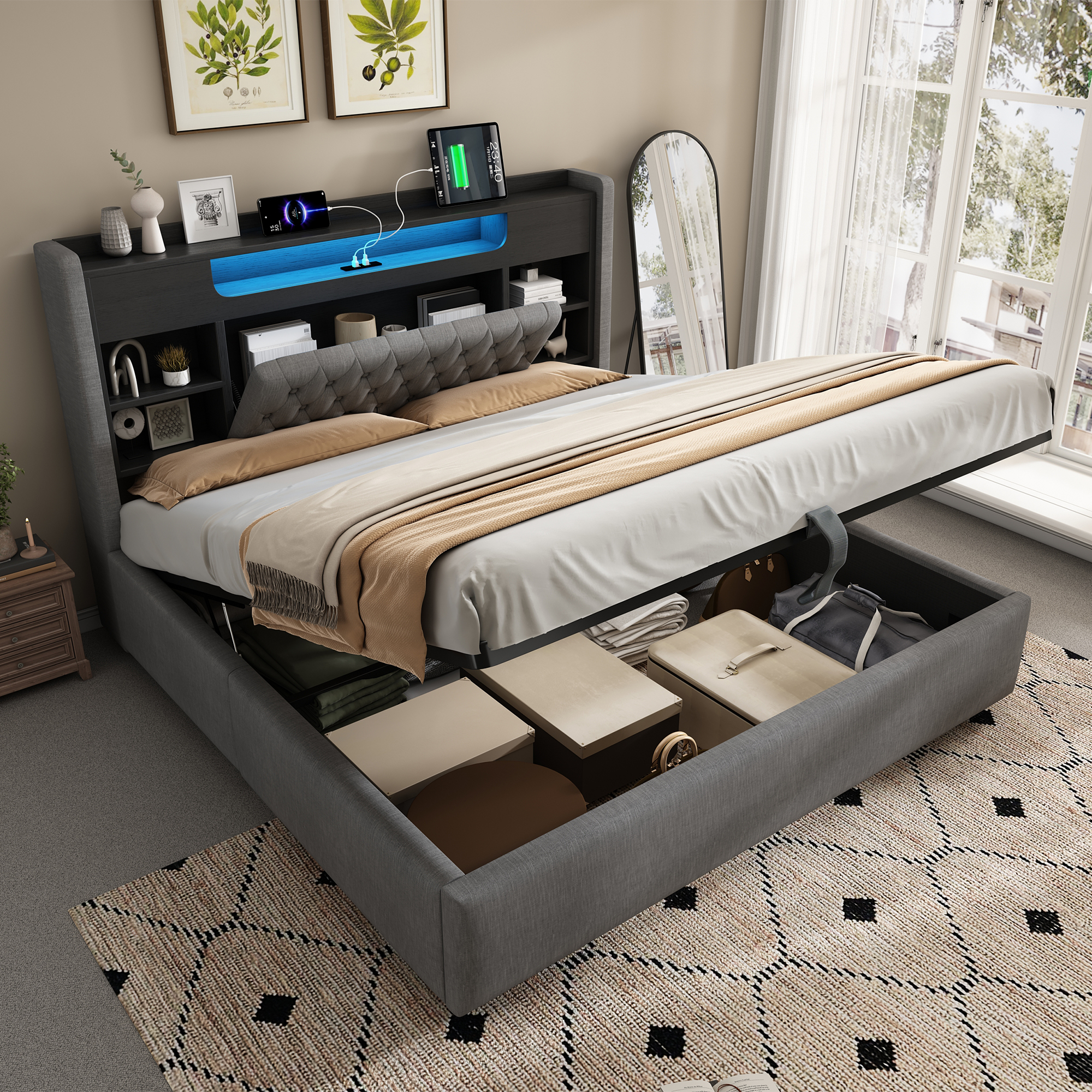 Upholstered Bed 180x200cm With Hydraulic Bed Storage & LED Lighting, Bed Frame With USB Type-C Charging Function, Headboard With Shelf & Storage Space, Linen Fabric, Grey  Without Mattress