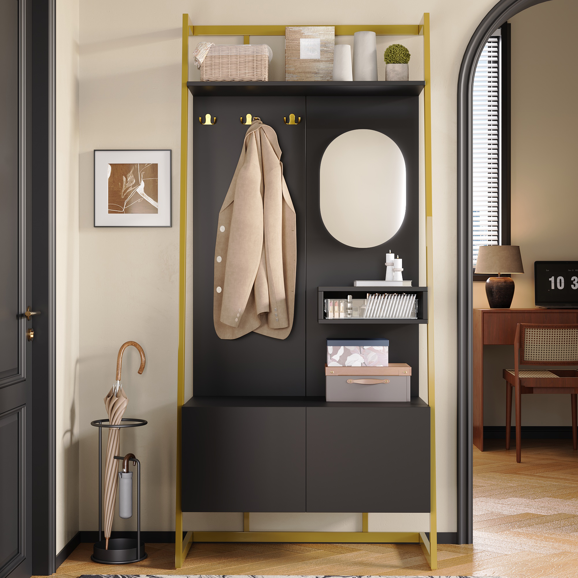 Modern Minimalist Compact Coat Rack, Open Multifunctional Storage Cabinet With Mirror, Metal Hook, Coat Rack With Shoe Bench, Coat Rack, Shoe Storage, Clothes Rack,