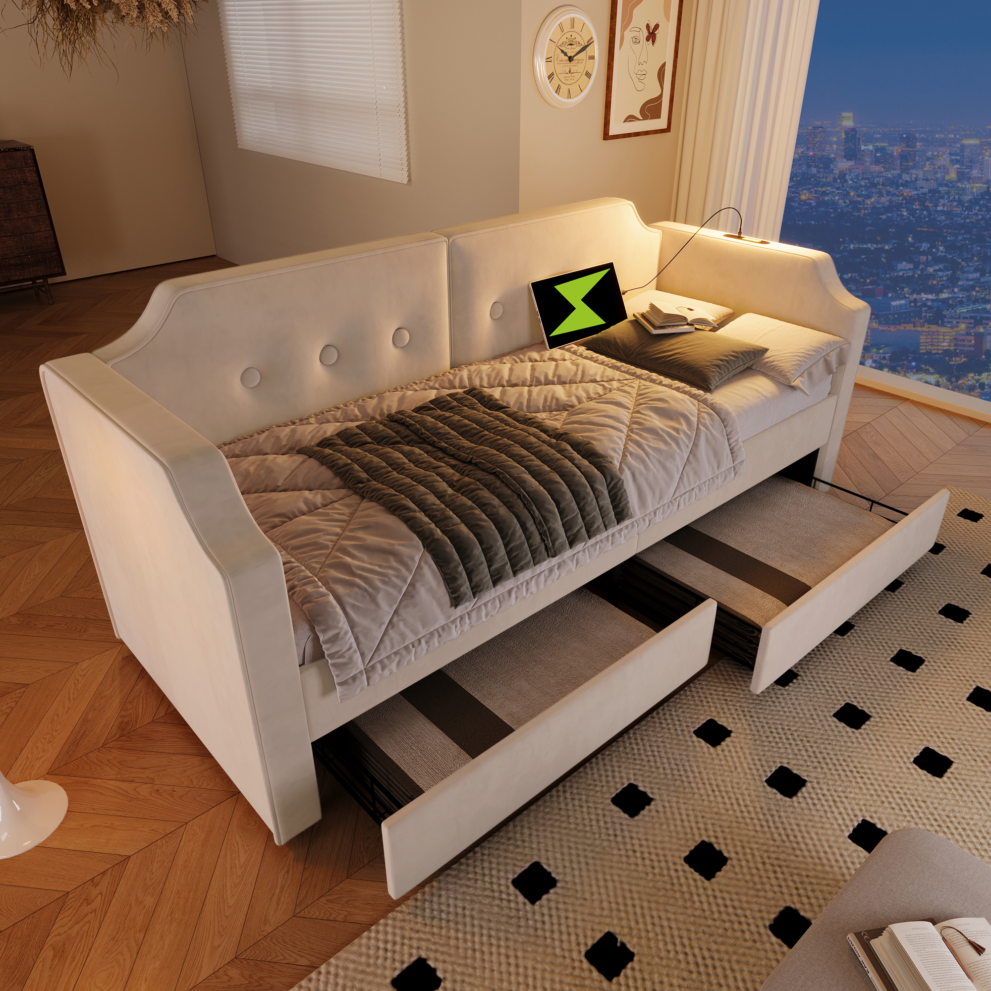 Upholstered Bed Sofa Bed 90x200 Cm With USB Type-C Reading Light, Sofa Bed Daybed With 2 Storage Drawers, Cot Youth Bed Frame With Slatted Base Made Of Wood, Velvet, Beige Without Mattress