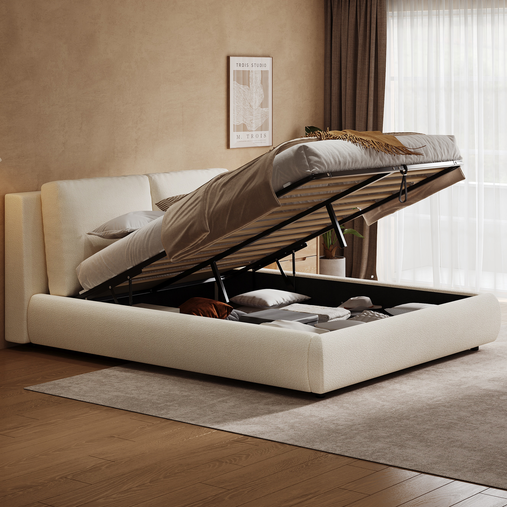 Upholstered Bed, Double Bed, 180x200cm, Hydraulic Functional Bed, Bed With Slatted Base, Headboard And Large Storage Space, Upholstered Headboard, Beige Boucle