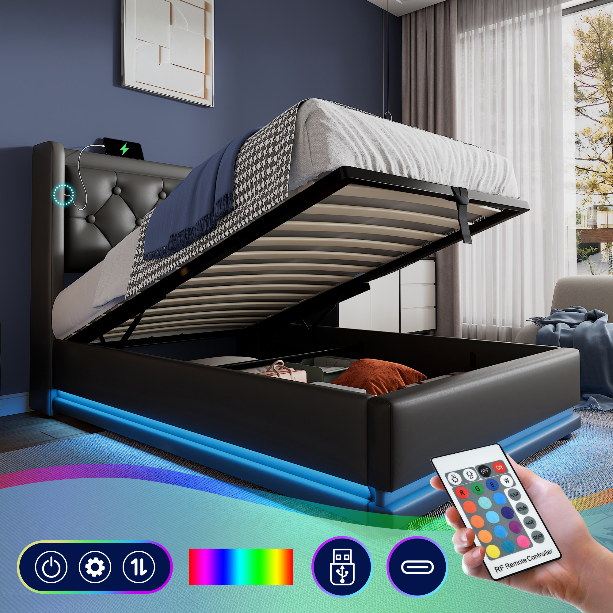Sofa Bed Single Bed 90x200 Cm, Black PU Material Hydraulic Storage Bed, Cushioned Headboard With USB Type-C Charging Function, 3-sided LED Function  Without Mattress