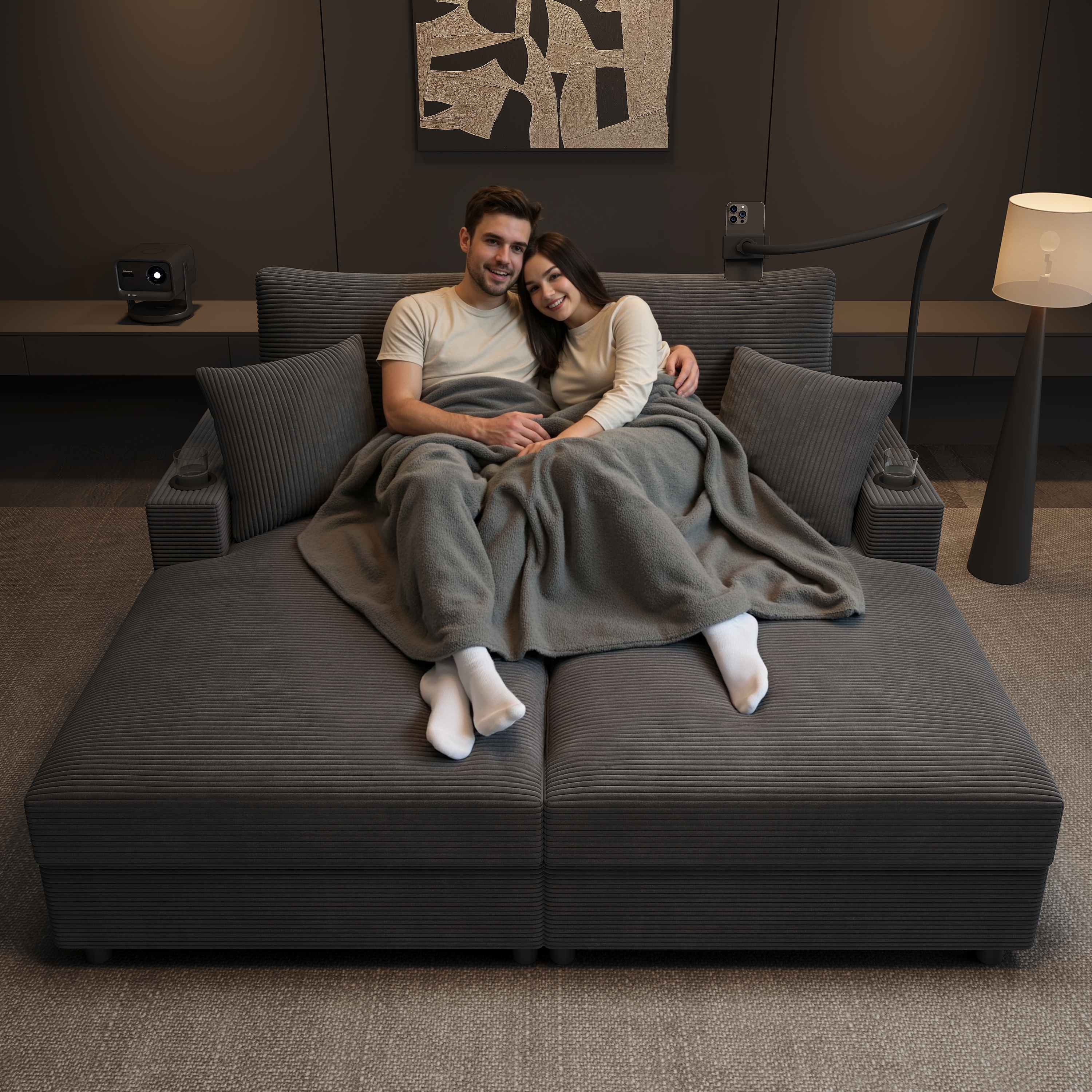 Double Sofa Bed With Sleeping Function, Padded Lying Surface, Mobile Phone Holder, USB Port And Cup Holder. Suitable For Living Room, Bedroom Or Home 