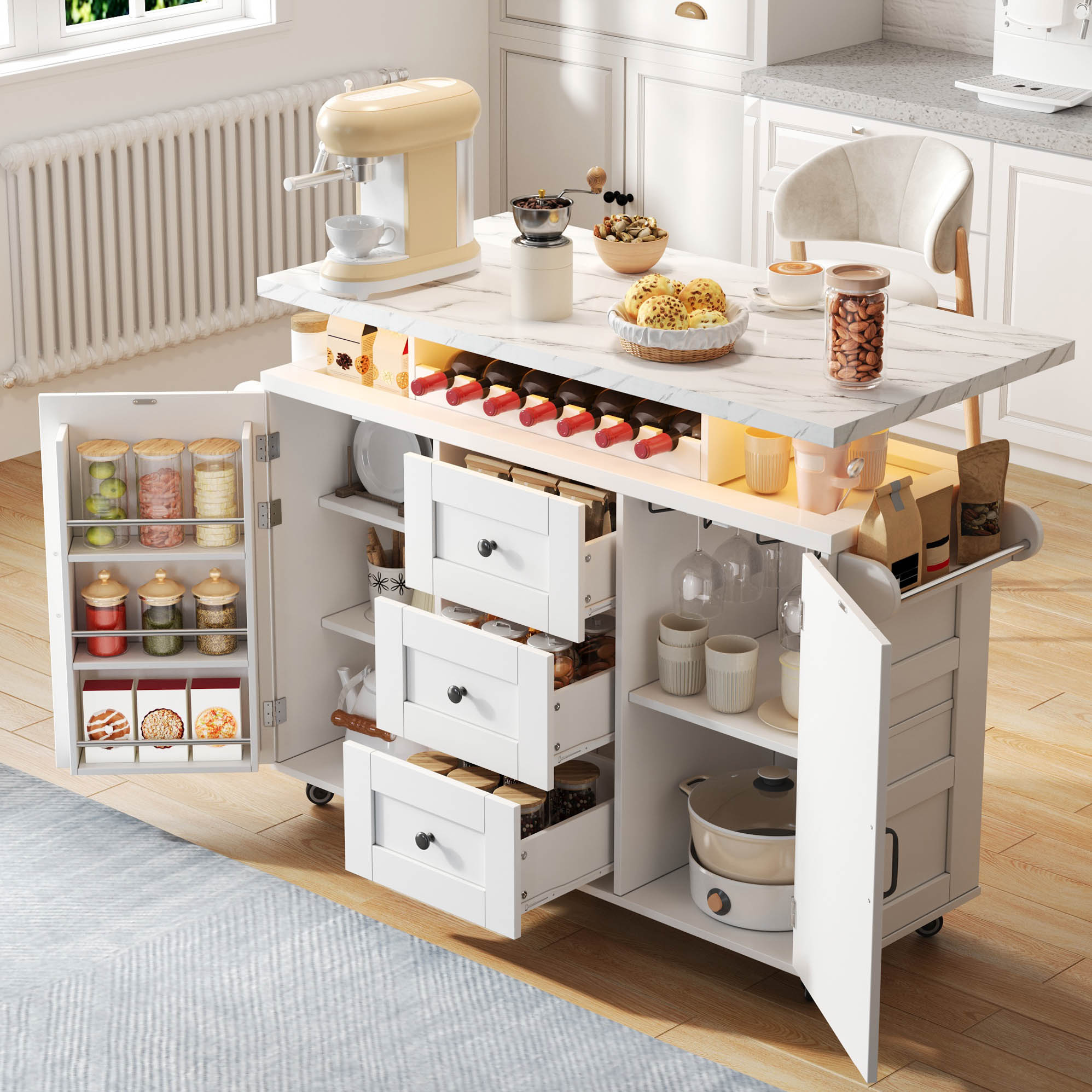 Mobile Kitchen Island With Folding Worktop, Kitchen Trolley, 5 Wheels, Door Shelf, Wine Rack And Glass Holder, 120x42x93cm 3