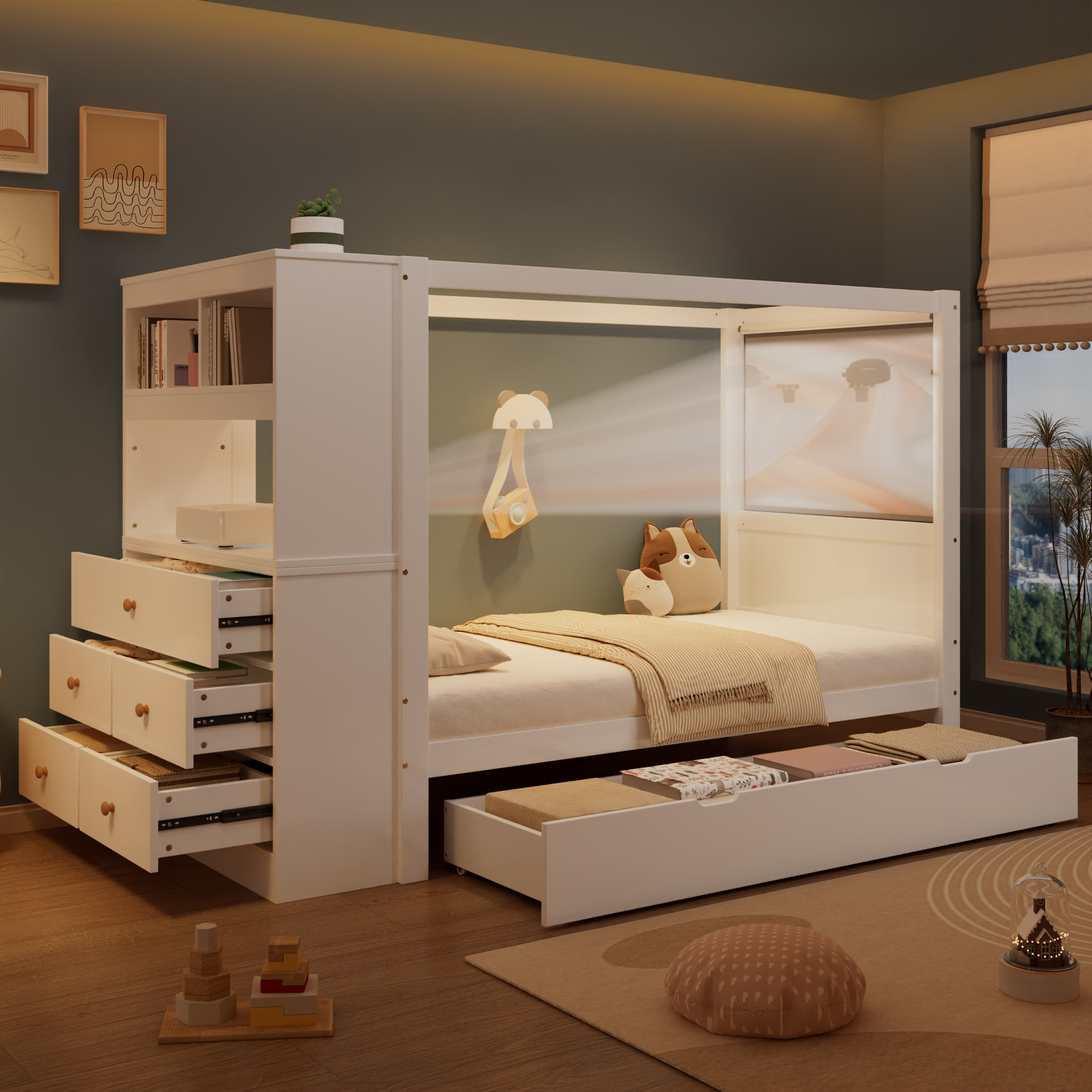 Single Bed, Children's Bed With Fall Protection And Railing, Wooden Bed With Storage Space, Storage Cupboard With 5 Drawers, Drawer With Wheels, Plenty Of Storage Space, Pine PB, White Natural, 90x200