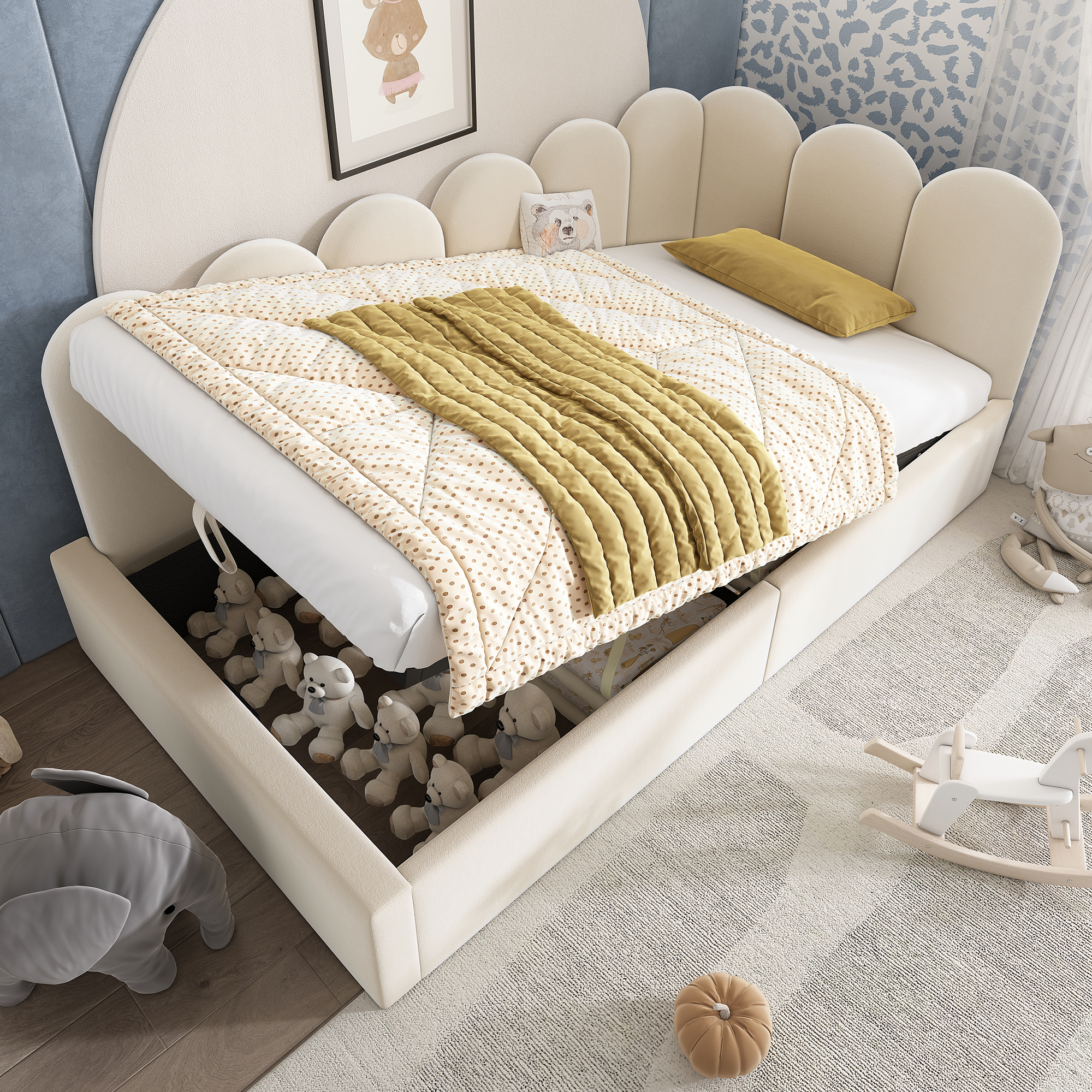 Upholstered Bed Daybed 90x200 Cm, Daybed Sofa Bed With Hydraulic Storage, Cot With Metal Slatted Base, Velvet, Beige, Without Mattress
