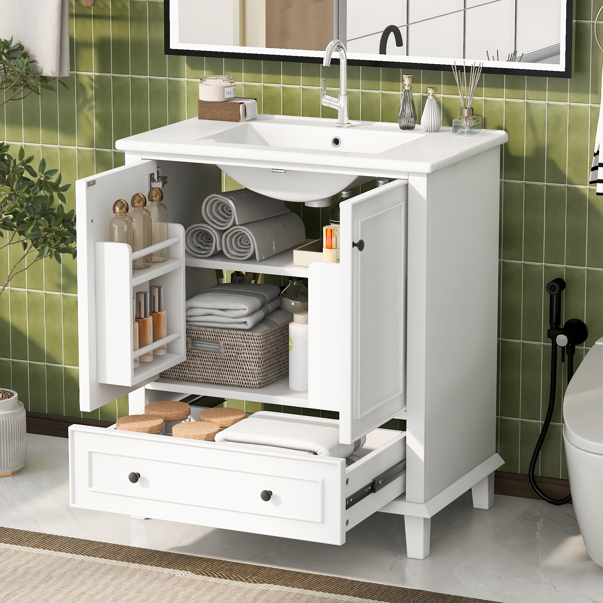 76x46x87cm Floor-standing Bathroom Cabinet With Washbasin, Vanity Unit, Solid Wood Legs, Fully Lacquered, Moisture And Water Resistant, Large Storage 