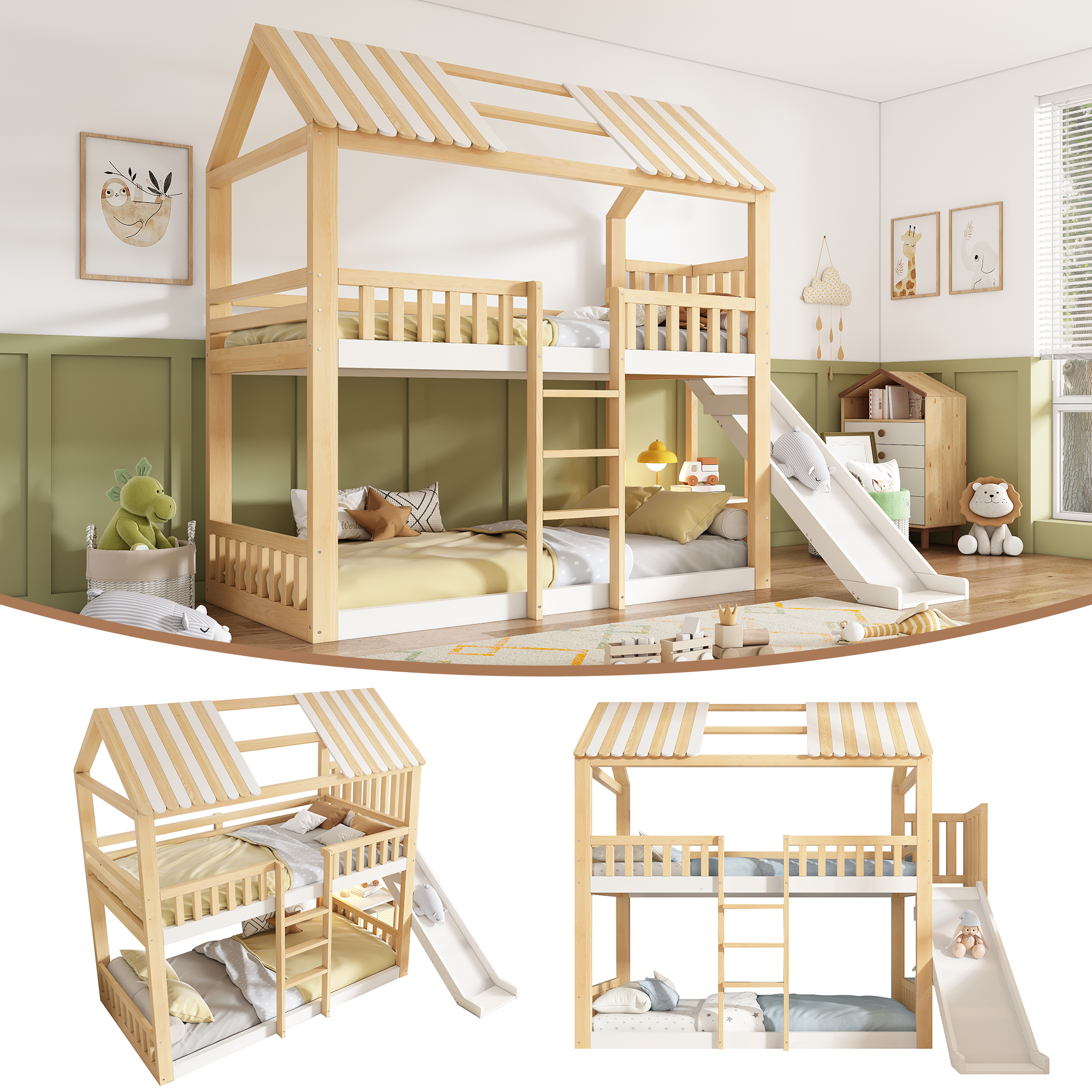Bunk Bed Children 90x200 With Gable Roof White & Natural, House Bed Loft Bed With Shelf And 35 Cm Slide, Safe Access, Ideal For Families With Two Children, EN 747, Without Mattress