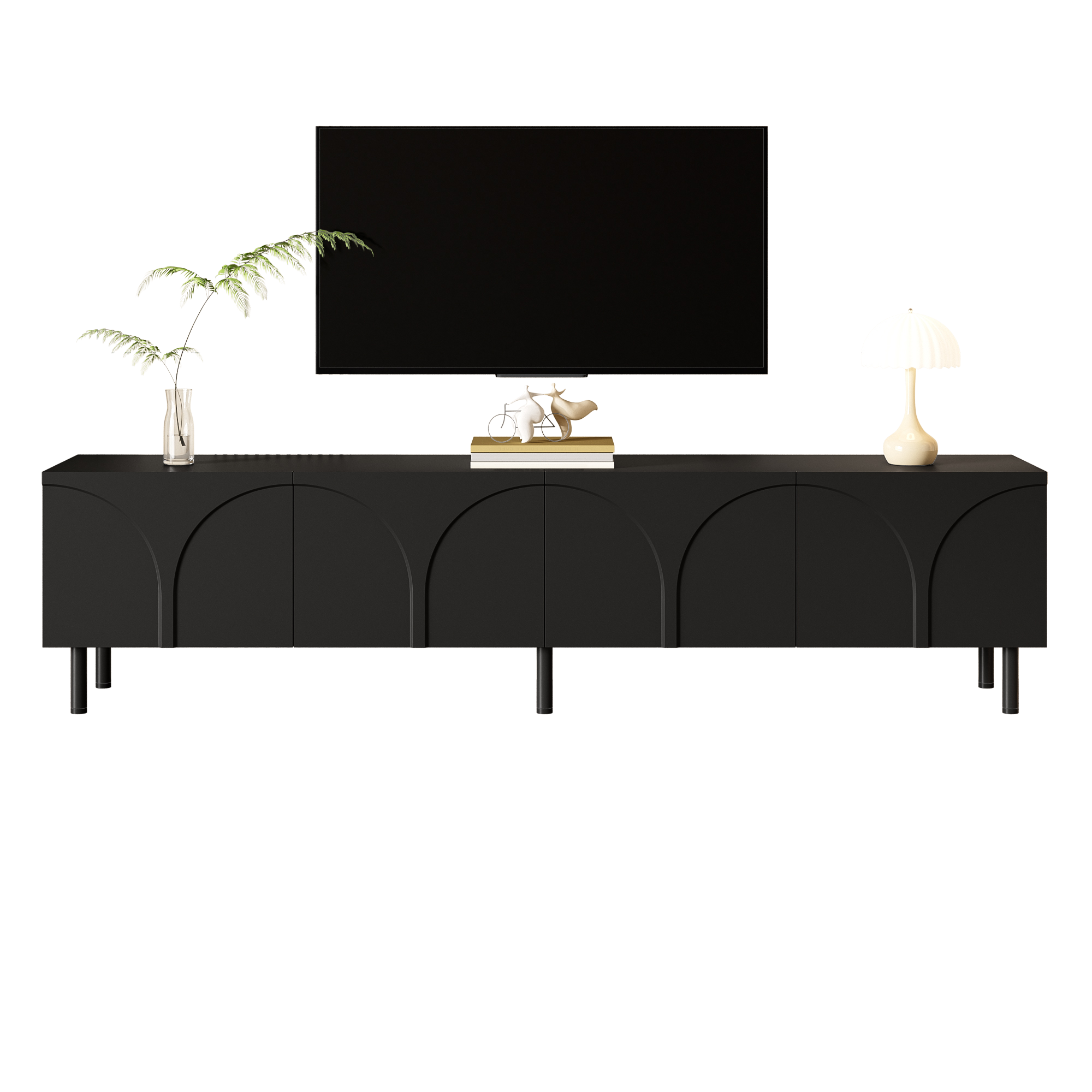 Three Dimensional Curved Lines,TV Cabinet Lowboard Four Doors Two Separate Storage Spaces Metal Feet Living Room
