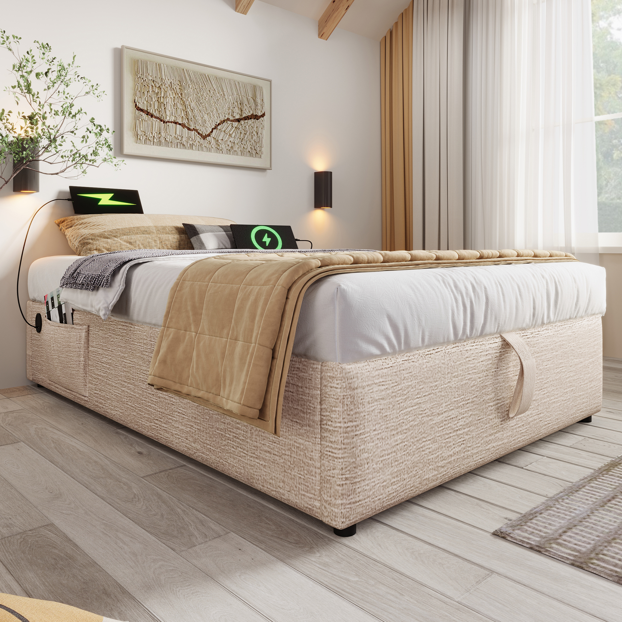 Upholstered Bed Single Bed 90x200 Cm, Struraumbett Bed Frame With USB-C And Full-Surface Slatted Frame, Without Headboard, Linen, Natural 5