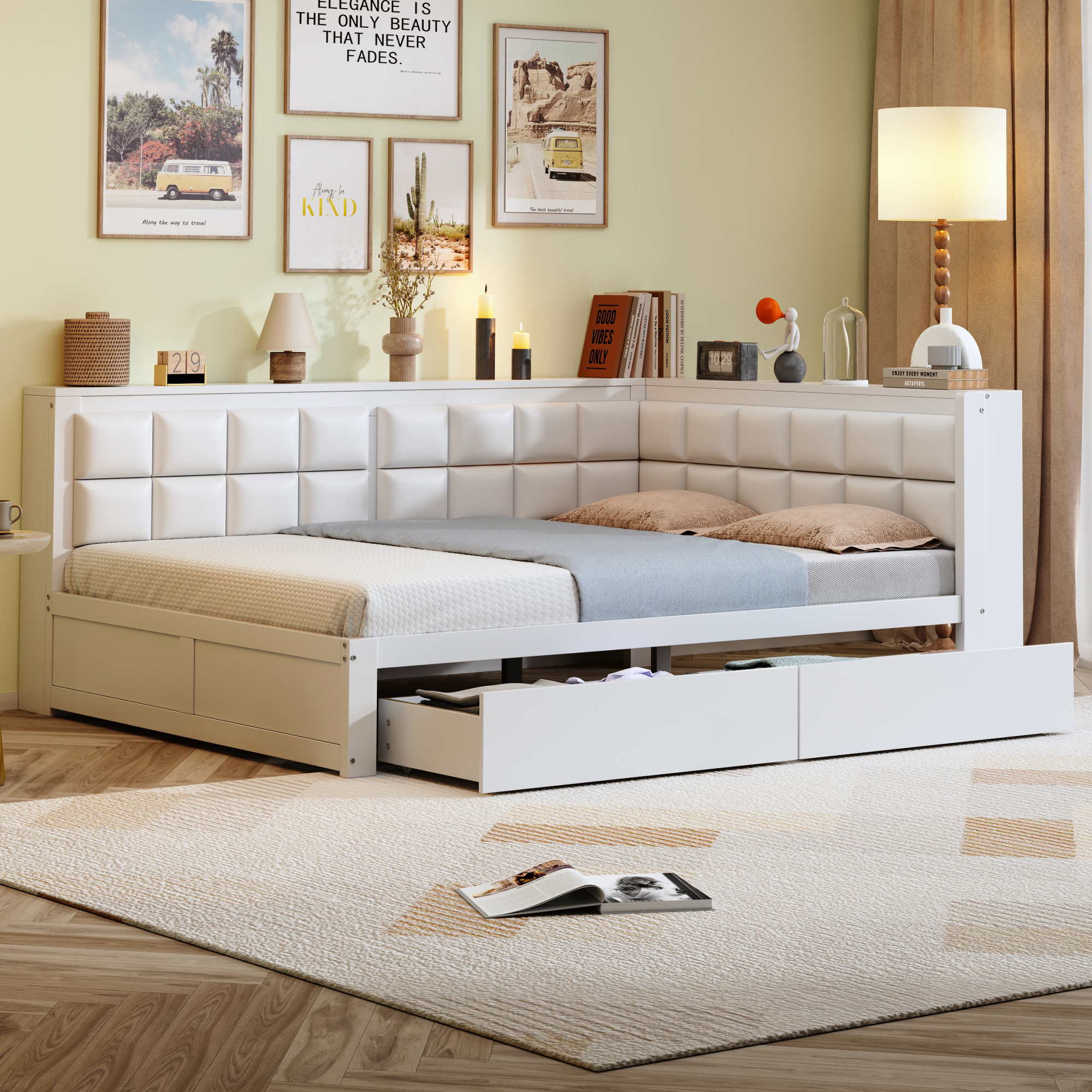 Wooden Sofa Bed 140 X 200, Multifunctional Bed With Soft Backrest, Large Storage Drawer, Single Bed, Youth Bed, Wooden Pine Bed, White.