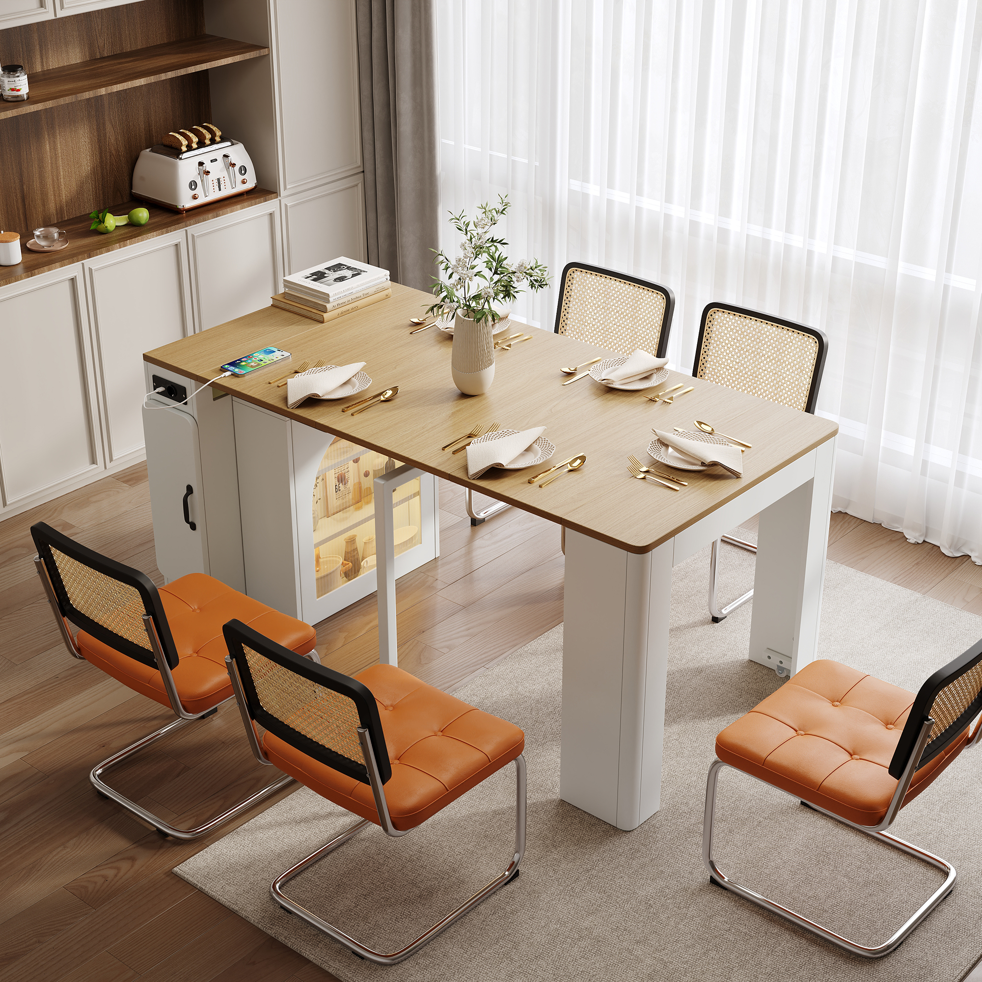Îlot de Cuisine Extensible avec Rangements et Prises USB