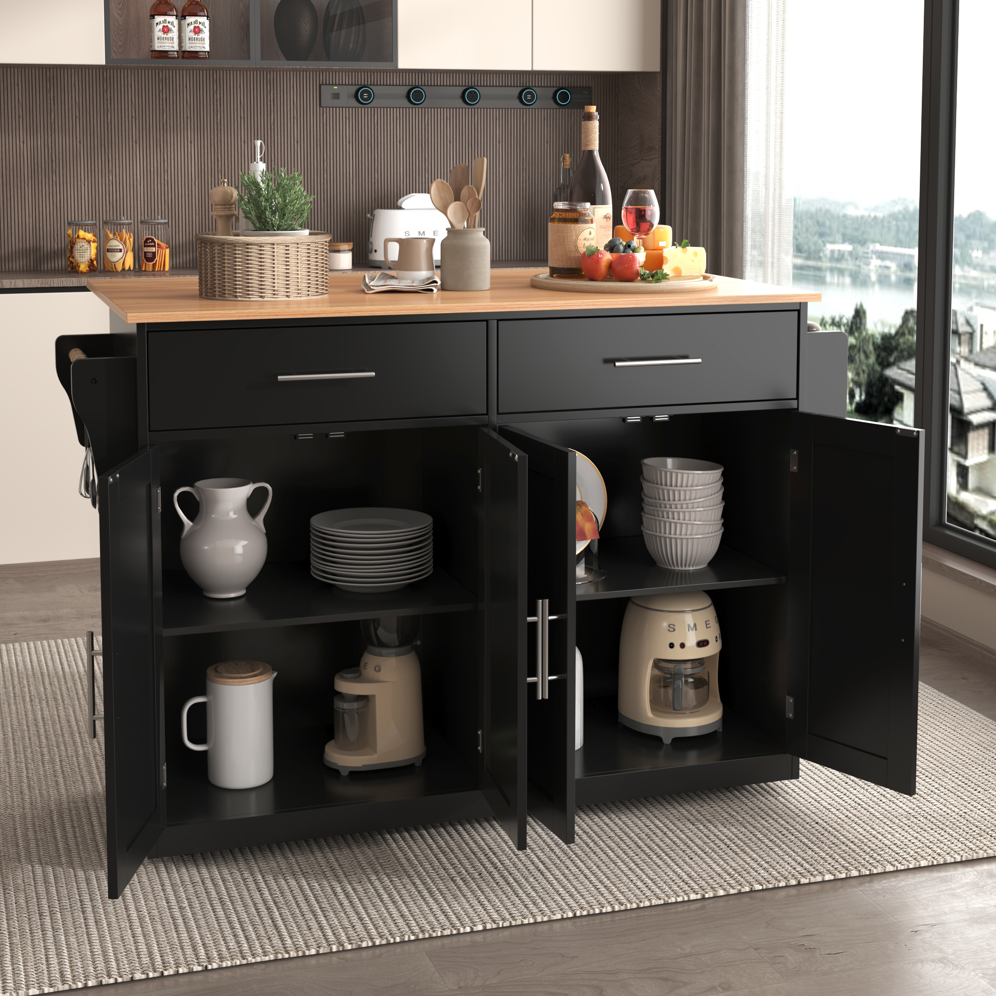 Serving Trolley With Folding Tabletop, 120x46 X91 Cm, Black, With Castors And Interchangeable Wooden Legs, Ideal For Kitchen And Dining Room 2