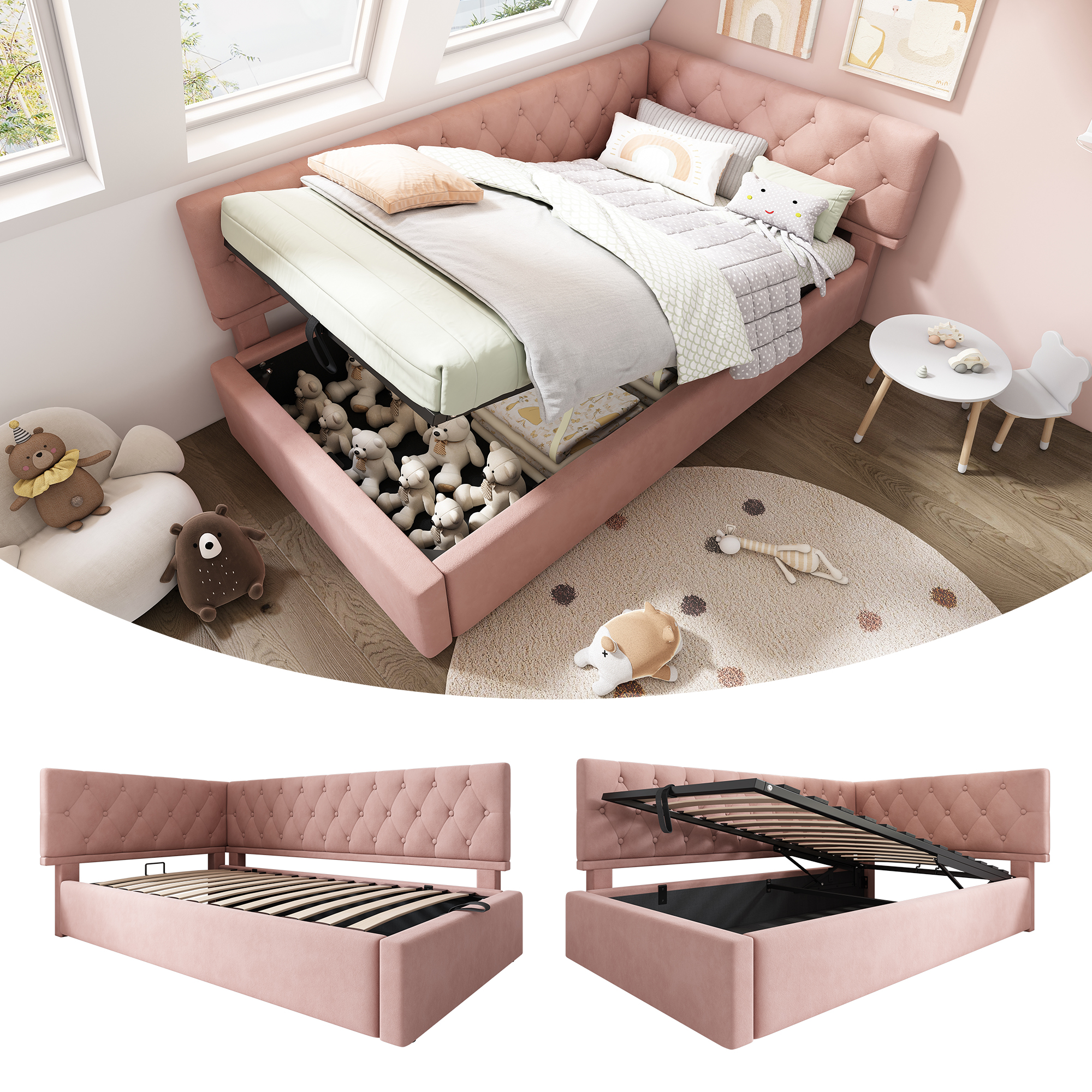 Upholstered Bed Daybed Daybed 90x190cm, Sofa Bed With Hydraulic Storage, Cot Youth Bed Frame With Slatted Base In Wood, Velvet, Pink, Without Mattress.