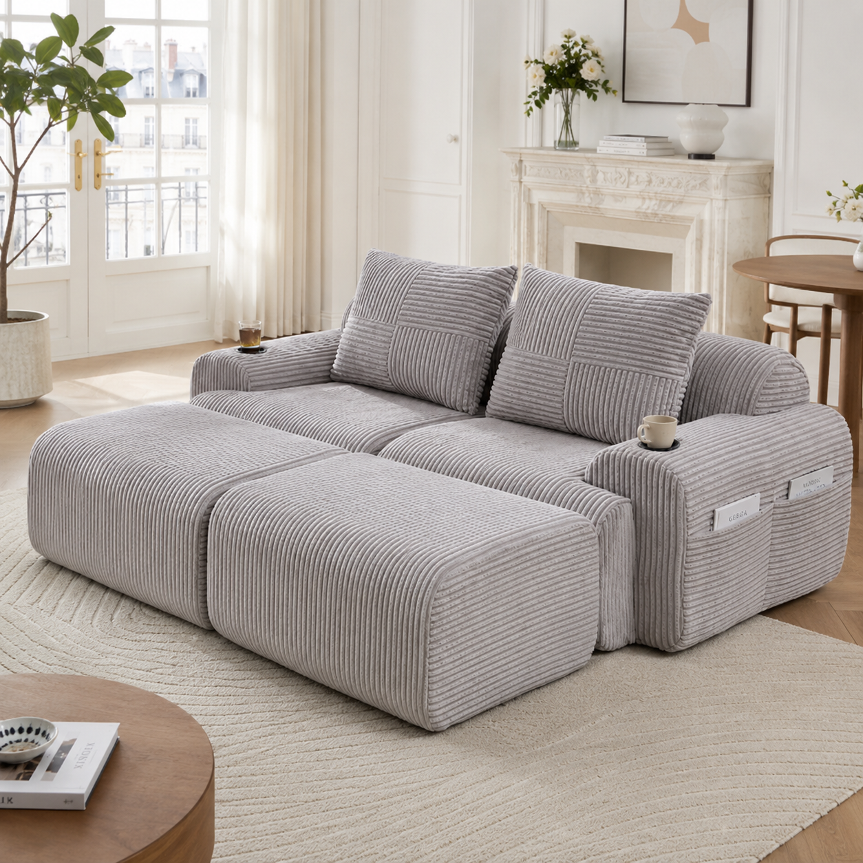 Modular Corduroy Sofa For 2 People  With 2 Stools , Freely Combinable, Including Cup Holder And Side Storage Bag, Ideal For Living Room, Family Room And Other Rooms.